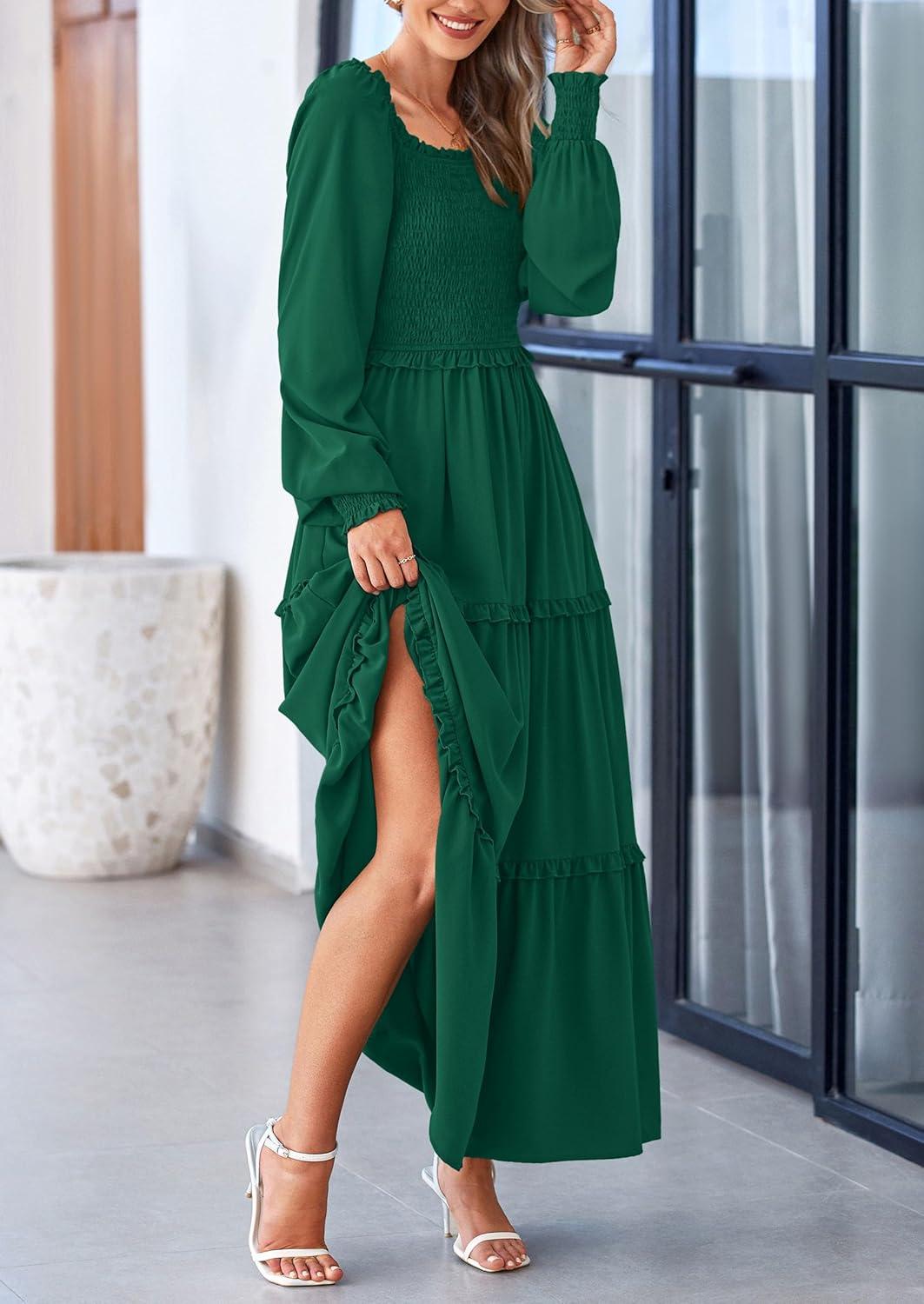 imagePRETTYGARDEN Fall Wedding Guest Dresses for Women 2025 Long Sleeve Square Neck Tiered A Line Modest Elegant Flowy DressesDark Green