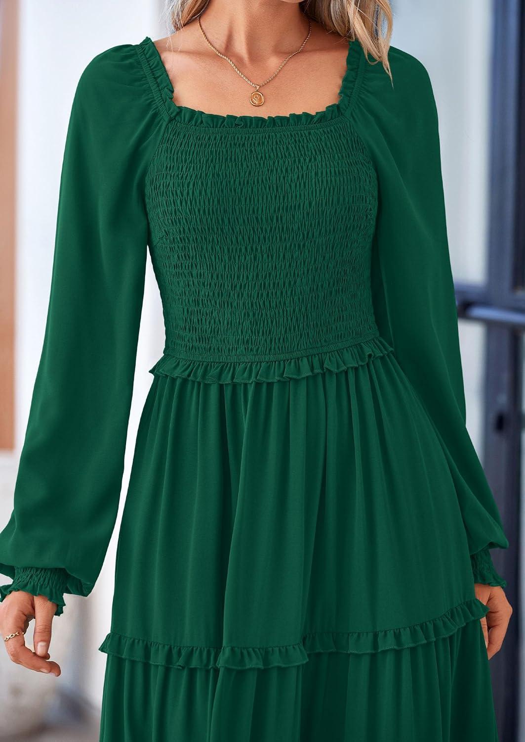 imagePRETTYGARDEN Fall Wedding Guest Dresses for Women 2025 Long Sleeve Square Neck Tiered A Line Modest Elegant Flowy DressesDark Green