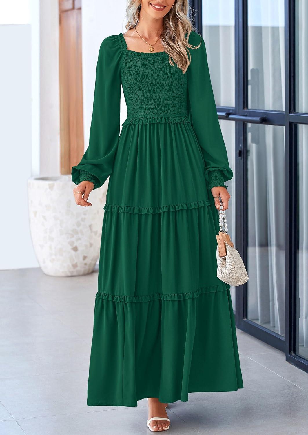 imagePRETTYGARDEN Fall Wedding Guest Dresses for Women 2025 Long Sleeve Square Neck Tiered A Line Modest Elegant Flowy DressesDark Green