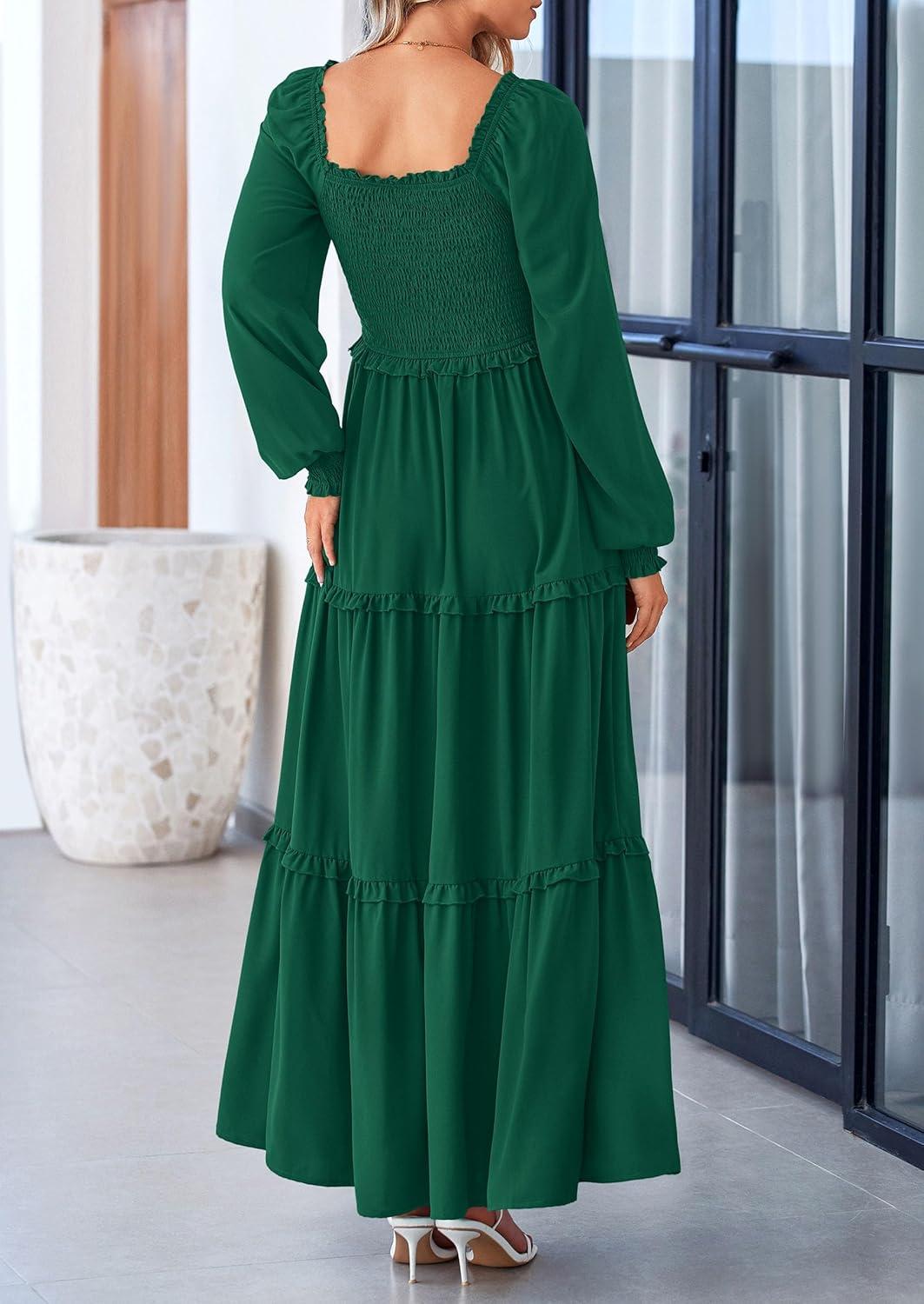 imagePRETTYGARDEN Fall Wedding Guest Dresses for Women 2025 Long Sleeve Square Neck Tiered A Line Modest Elegant Flowy DressesDark Green