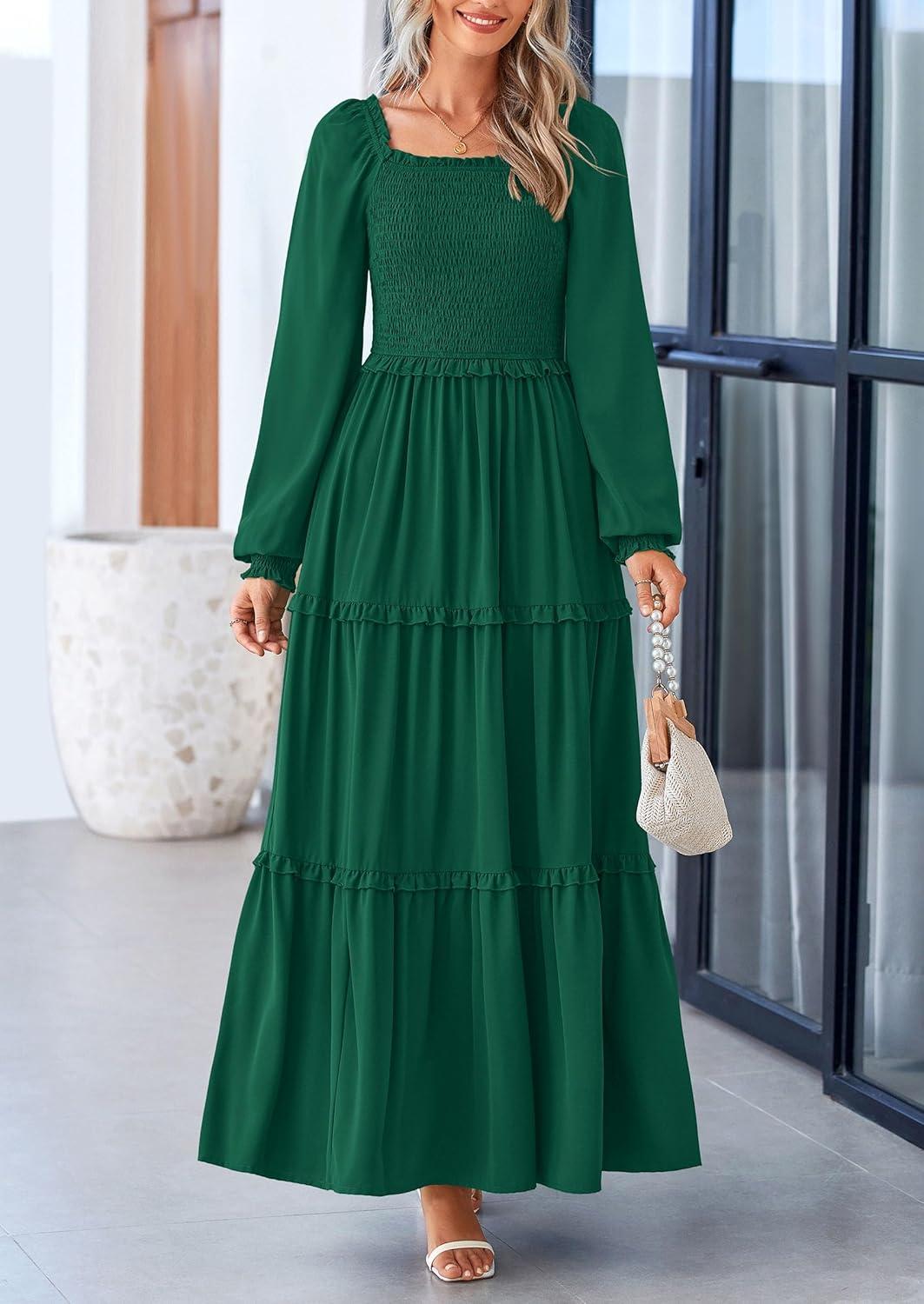 imagePRETTYGARDEN Fall Wedding Guest Dresses for Women 2025 Long Sleeve Square Neck Tiered A Line Modest Elegant Flowy DressesDark Green