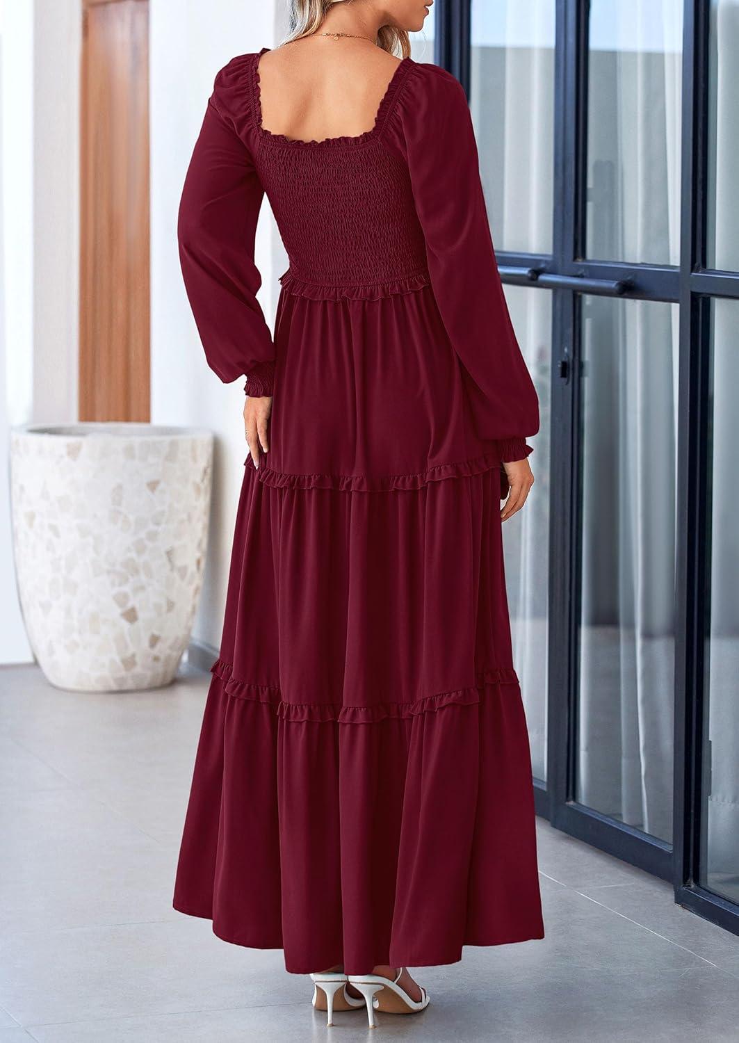 imagePRETTYGARDEN Fall Wedding Guest Dresses for Women 2025 Long Sleeve Square Neck Tiered A Line Modest Elegant Flowy DressesDark Wine Red