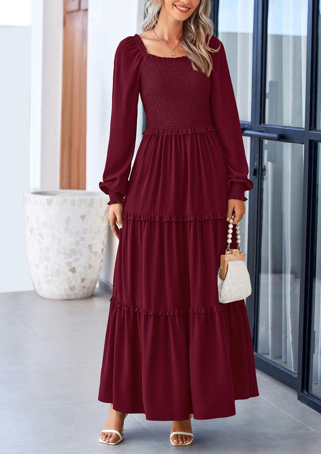 imagePRETTYGARDEN Fall Wedding Guest Dresses for Women 2025 Long Sleeve Square Neck Tiered A Line Modest Elegant Flowy DressesDark Wine Red