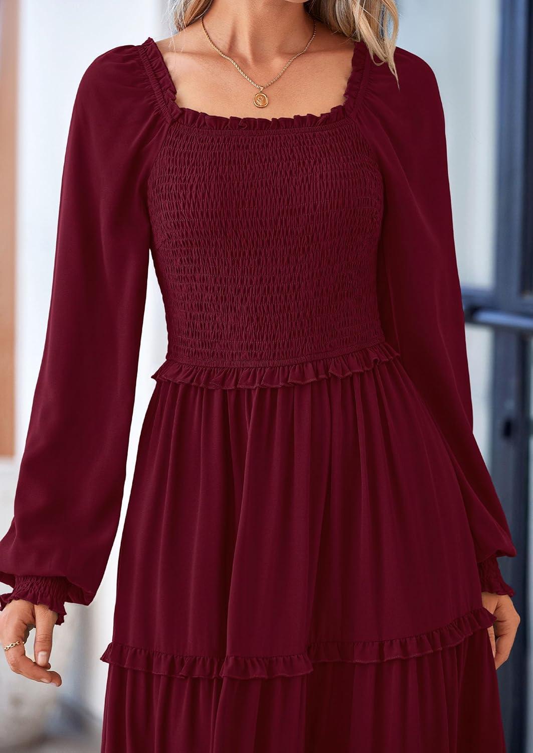 imagePRETTYGARDEN Fall Wedding Guest Dresses for Women 2025 Long Sleeve Square Neck Tiered A Line Modest Elegant Flowy DressesDark Wine Red