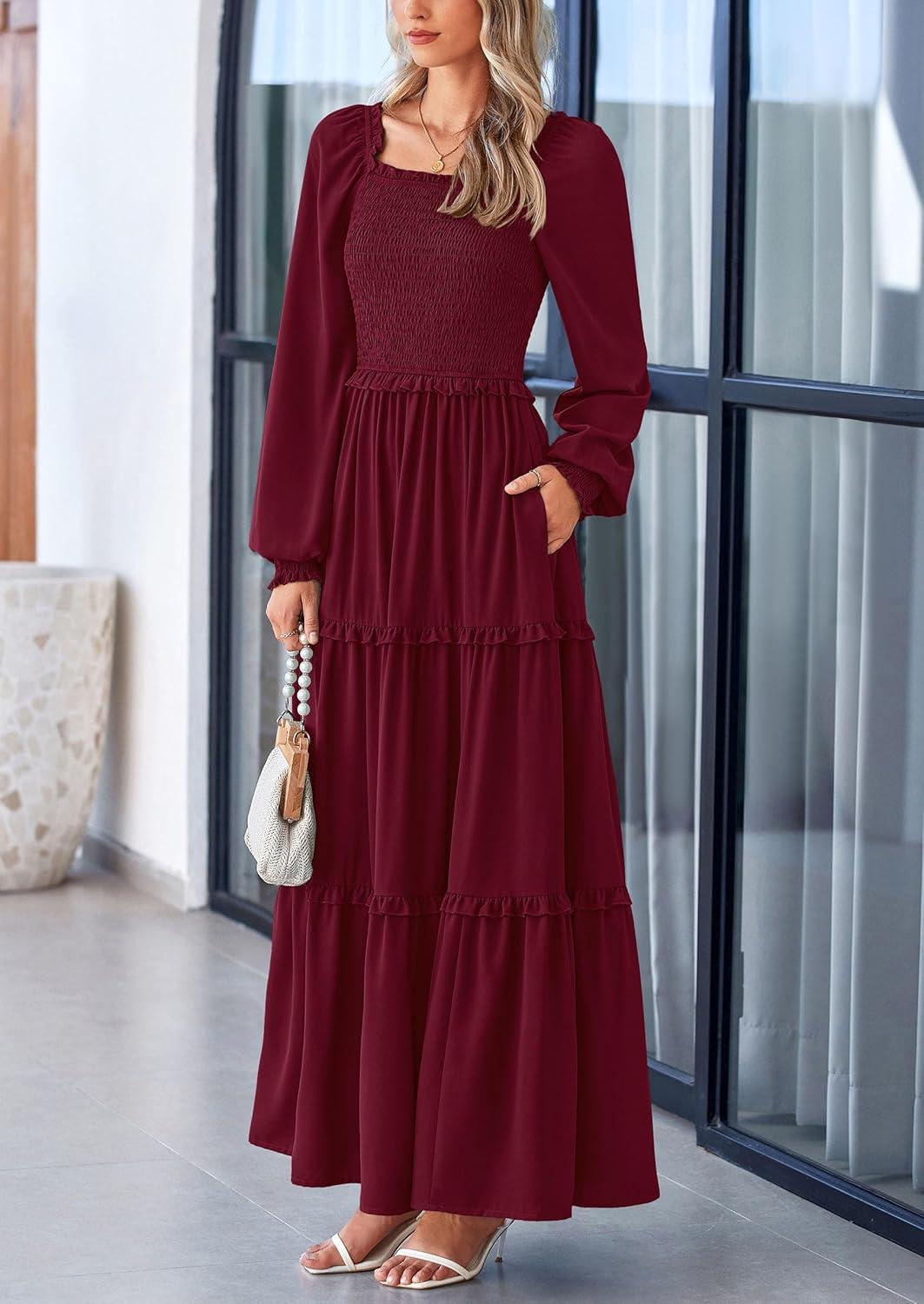 imagePRETTYGARDEN Fall Wedding Guest Dresses for Women 2025 Long Sleeve Square Neck Tiered A Line Modest Elegant Flowy DressesDark Wine Red