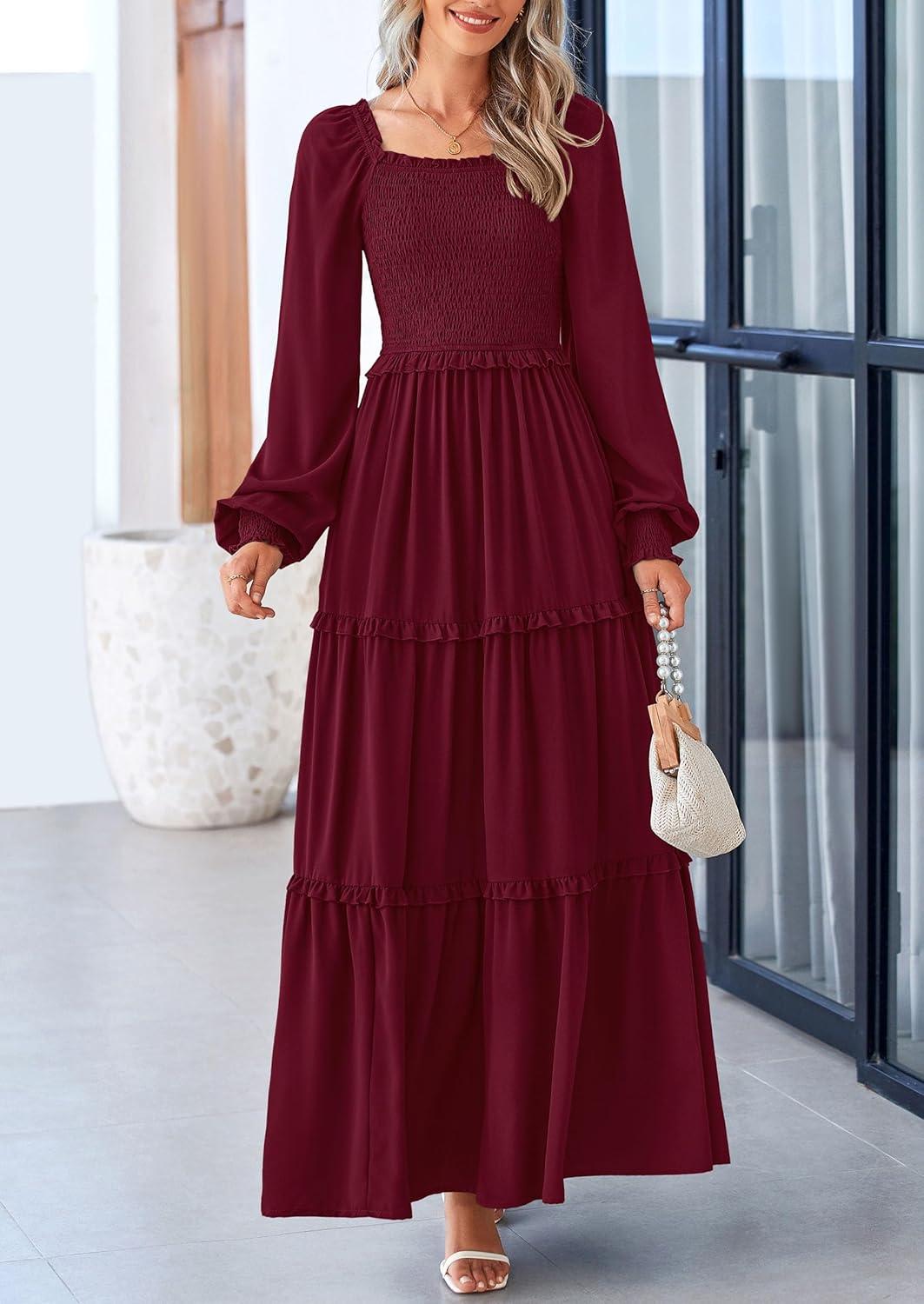 imagePRETTYGARDEN Fall Wedding Guest Dresses for Women 2025 Long Sleeve Square Neck Tiered A Line Modest Elegant Flowy DressesDark Wine Red