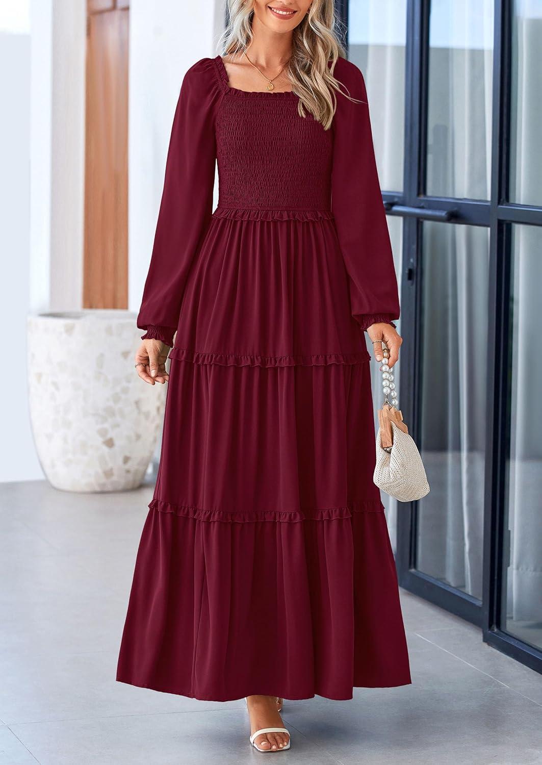 imagePRETTYGARDEN Fall Wedding Guest Dresses for Women 2025 Long Sleeve Square Neck Tiered A Line Modest Elegant Flowy DressesDark Wine Red