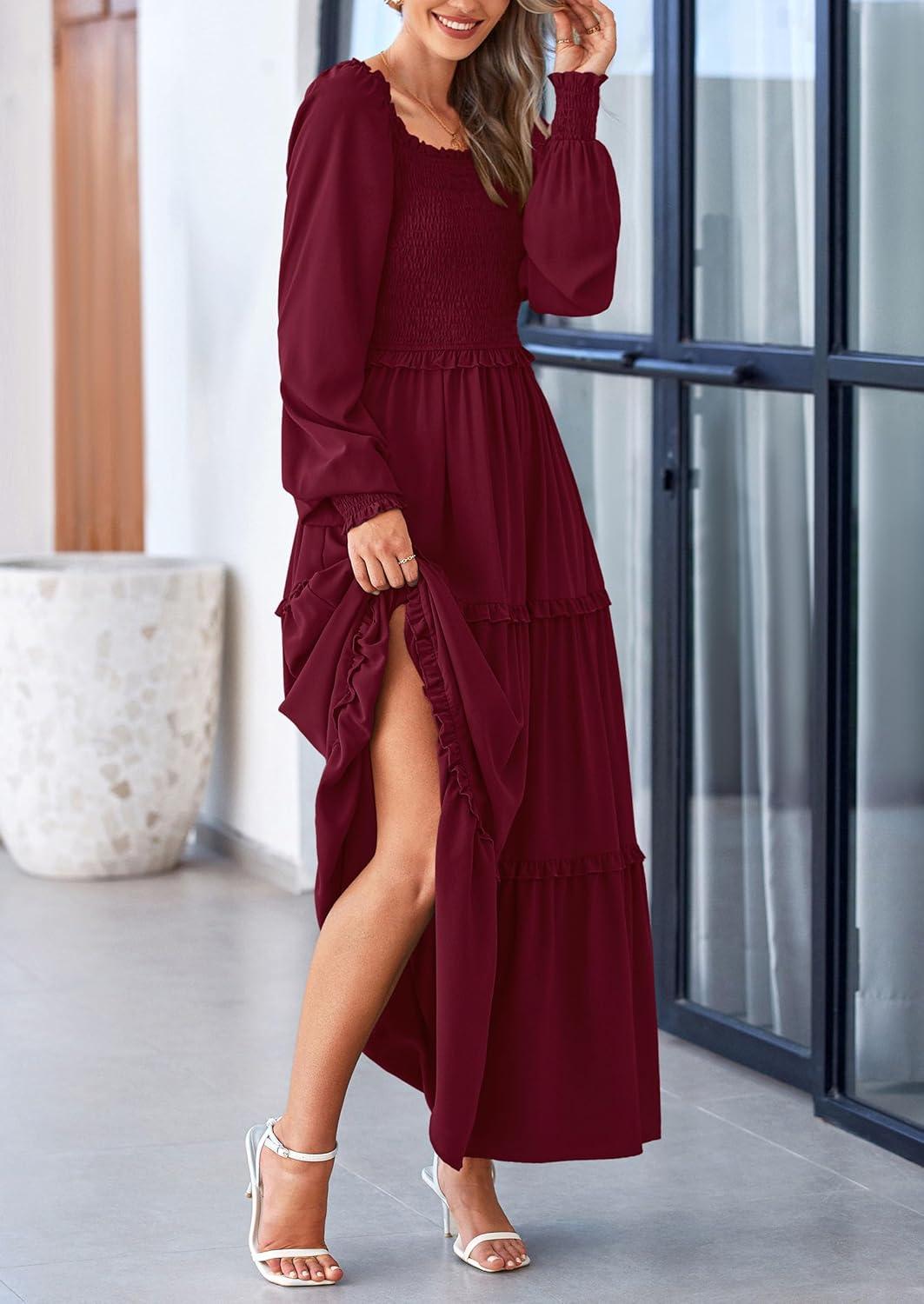 imagePRETTYGARDEN Fall Wedding Guest Dresses for Women 2025 Long Sleeve Square Neck Tiered A Line Modest Elegant Flowy DressesDark Wine Red