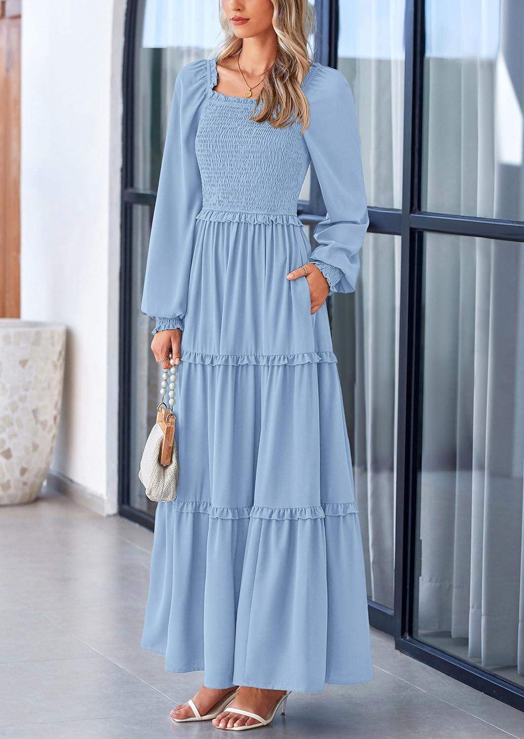imagePRETTYGARDEN Fall Wedding Guest Dresses for Women 2025 Long Sleeve Square Neck Tiered A Line Modest Elegant Flowy DressesLight Blue
