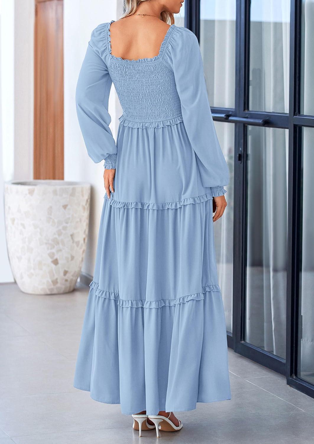 imagePRETTYGARDEN Fall Wedding Guest Dresses for Women 2025 Long Sleeve Square Neck Tiered A Line Modest Elegant Flowy DressesLight Blue