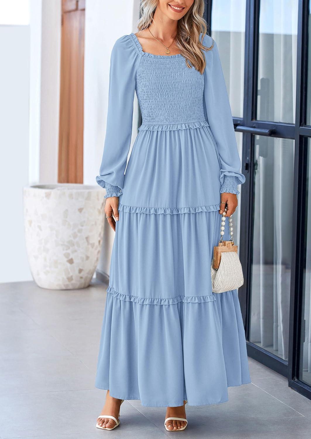 imagePRETTYGARDEN Fall Wedding Guest Dresses for Women 2025 Long Sleeve Square Neck Tiered A Line Modest Elegant Flowy DressesLight Blue