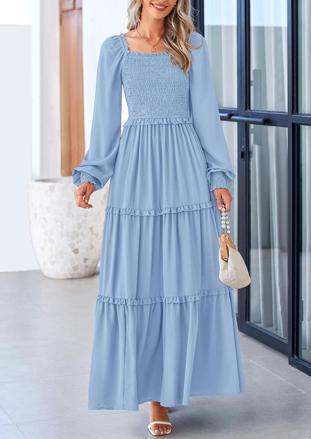 imagePRETTYGARDEN Fall Wedding Guest Dresses for Women 2025 Long Sleeve Square Neck Tiered A Line Modest Elegant Flowy DressesLight Blue
