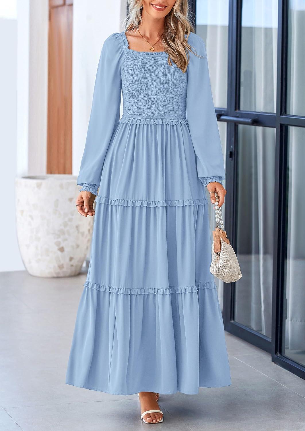 imagePRETTYGARDEN Fall Wedding Guest Dresses for Women 2025 Long Sleeve Square Neck Tiered A Line Modest Elegant Flowy DressesLight Blue