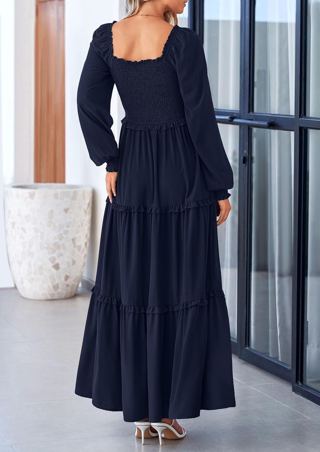 imagePRETTYGARDEN Fall Wedding Guest Dresses for Women 2025 Long Sleeve Square Neck Tiered A Line Modest Elegant Flowy DressesNavy