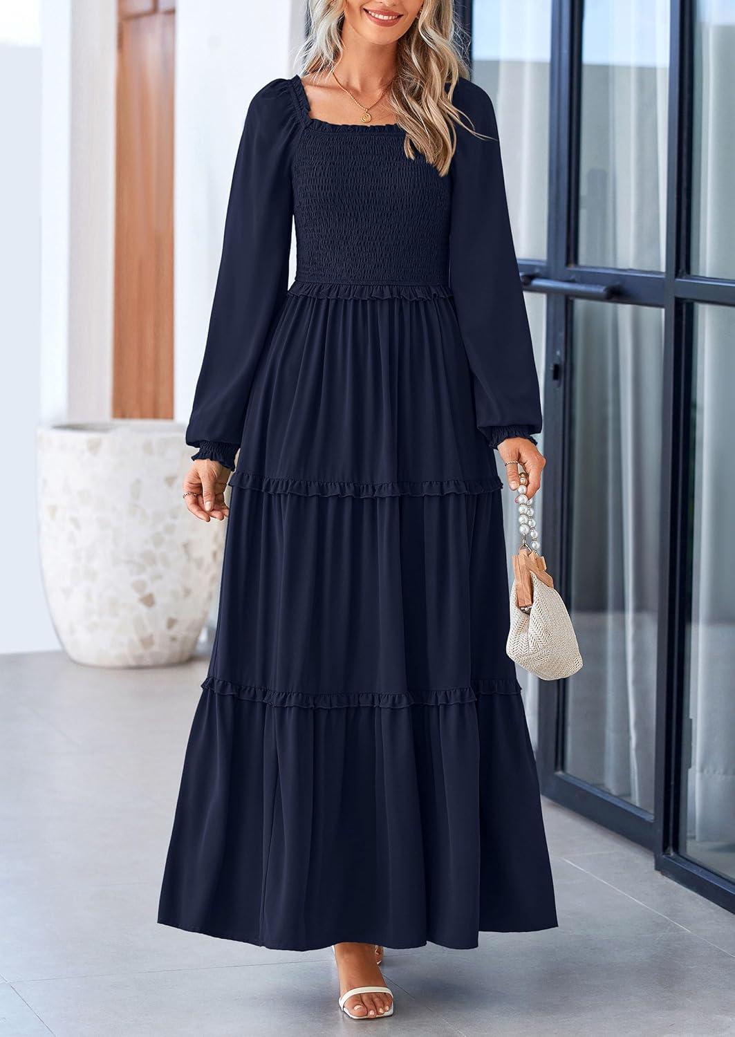 imagePRETTYGARDEN Fall Wedding Guest Dresses for Women 2025 Long Sleeve Square Neck Tiered A Line Modest Elegant Flowy DressesNavy