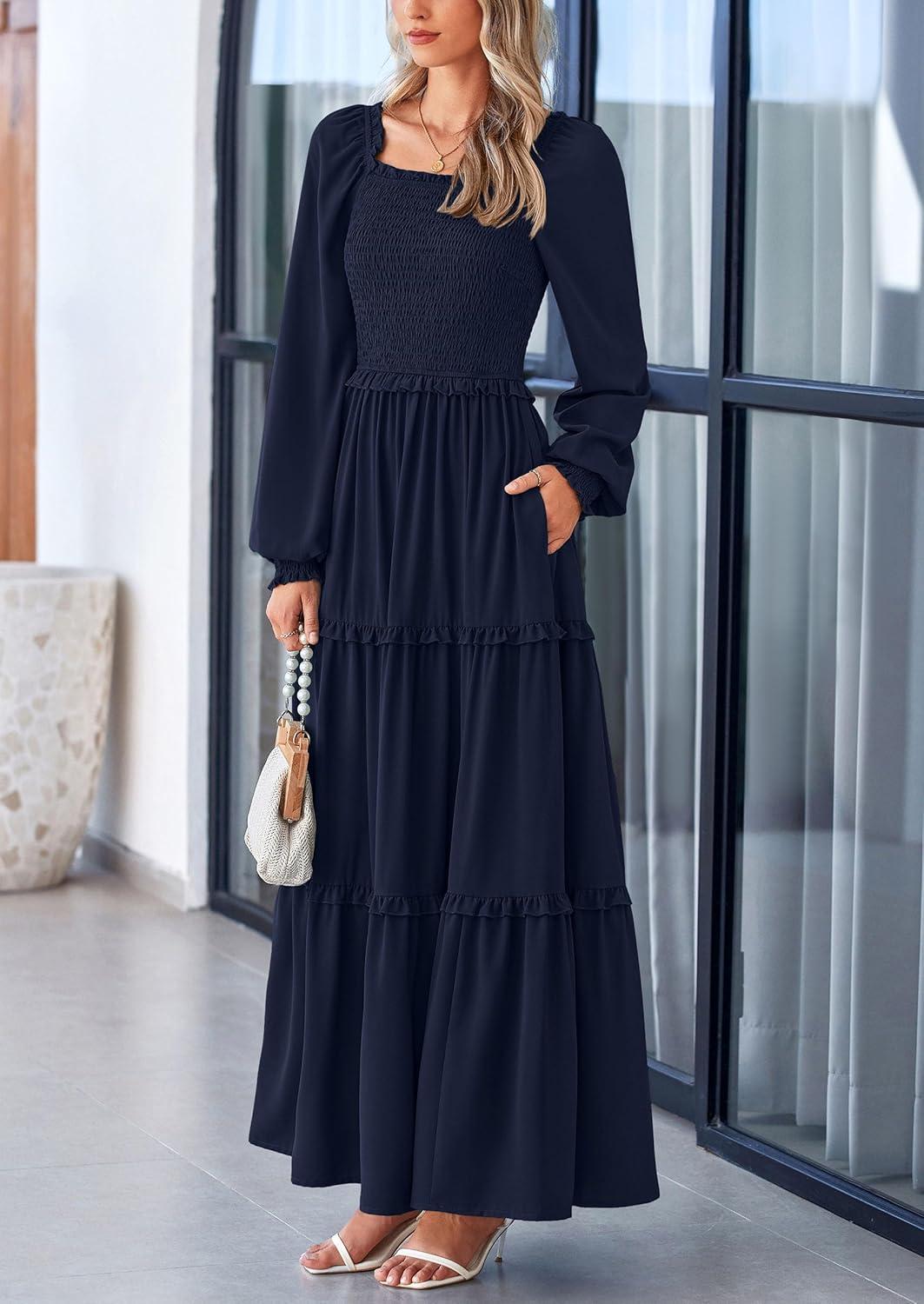 imagePRETTYGARDEN Fall Wedding Guest Dresses for Women 2025 Long Sleeve Square Neck Tiered A Line Modest Elegant Flowy DressesNavy