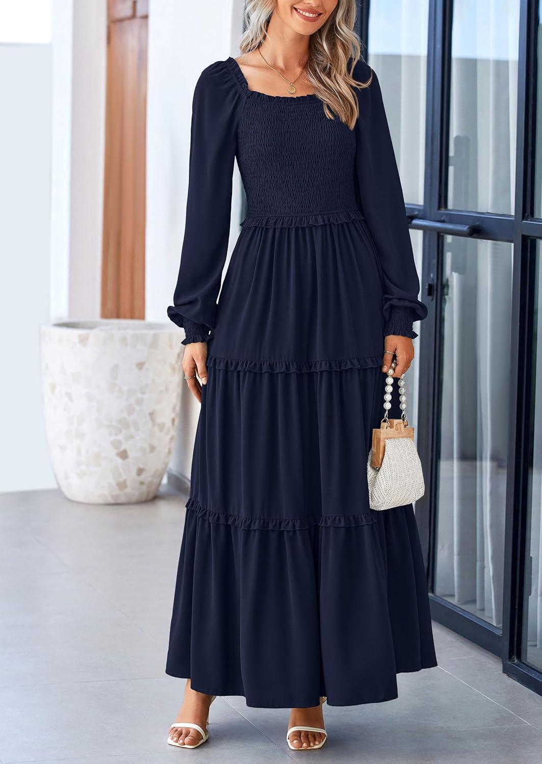 imagePRETTYGARDEN Fall Wedding Guest Dresses for Women 2025 Long Sleeve Square Neck Tiered A Line Modest Elegant Flowy DressesNavy