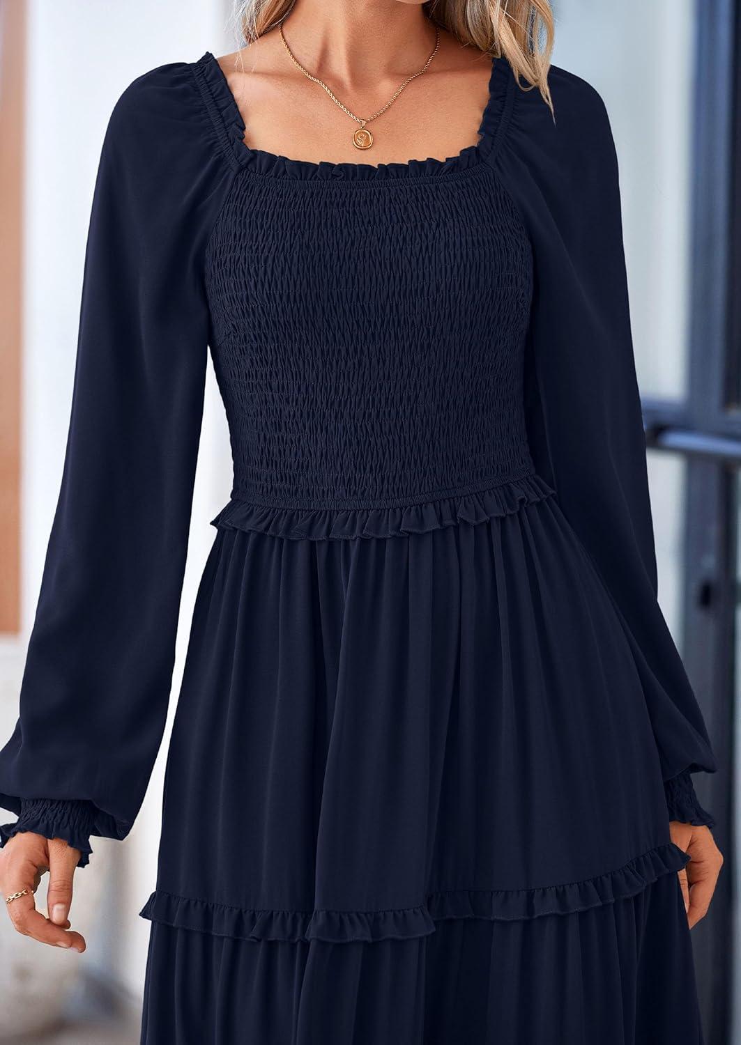 imagePRETTYGARDEN Fall Wedding Guest Dresses for Women 2025 Long Sleeve Square Neck Tiered A Line Modest Elegant Flowy DressesNavy