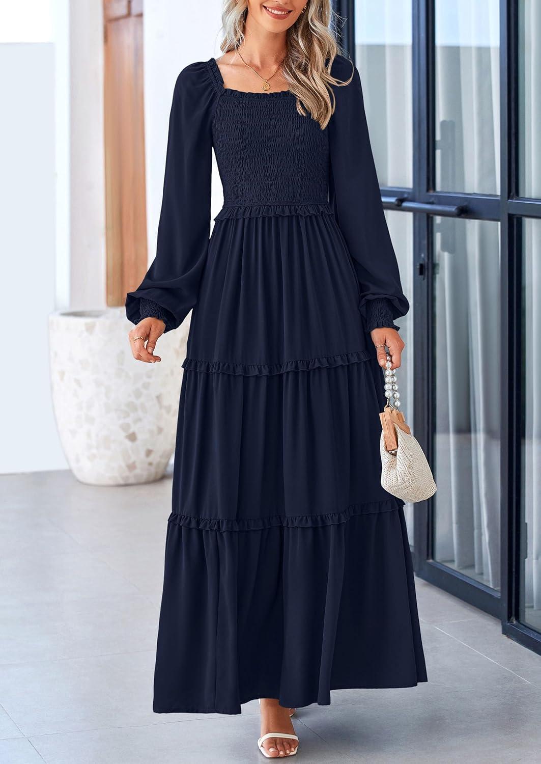 imagePRETTYGARDEN Fall Wedding Guest Dresses for Women 2025 Long Sleeve Square Neck Tiered A Line Modest Elegant Flowy DressesNavy