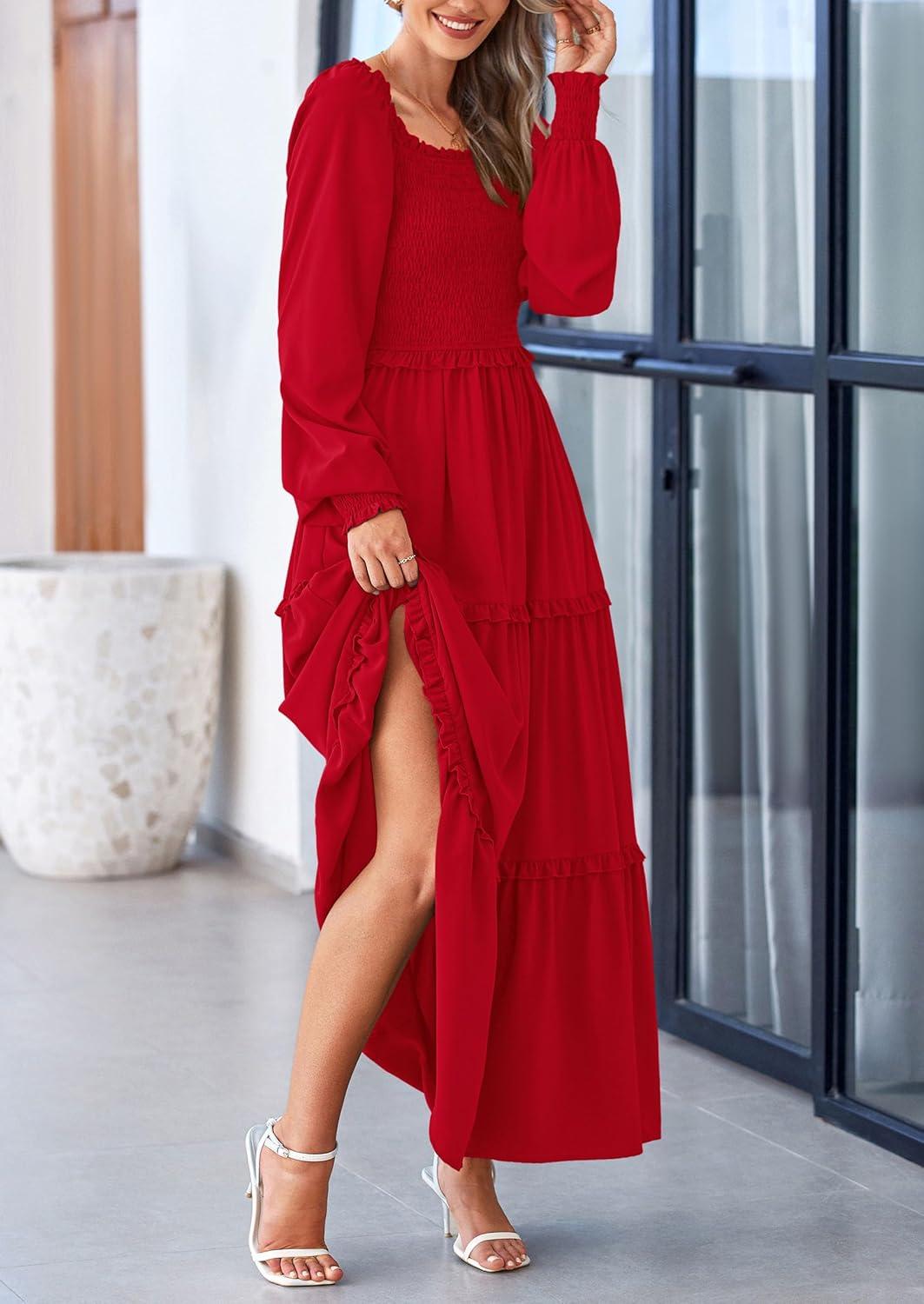 imagePRETTYGARDEN Fall Wedding Guest Dresses for Women 2025 Long Sleeve Square Neck Tiered A Line Modest Elegant Flowy DressesRed