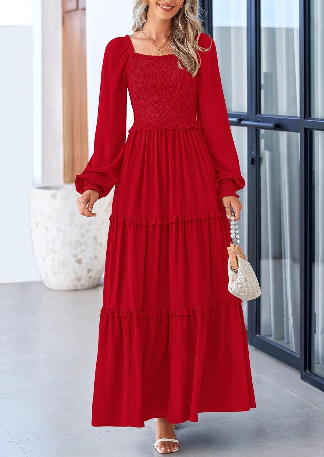 imagePRETTYGARDEN Fall Wedding Guest Dresses for Women 2025 Long Sleeve Square Neck Tiered A Line Modest Elegant Flowy DressesRed