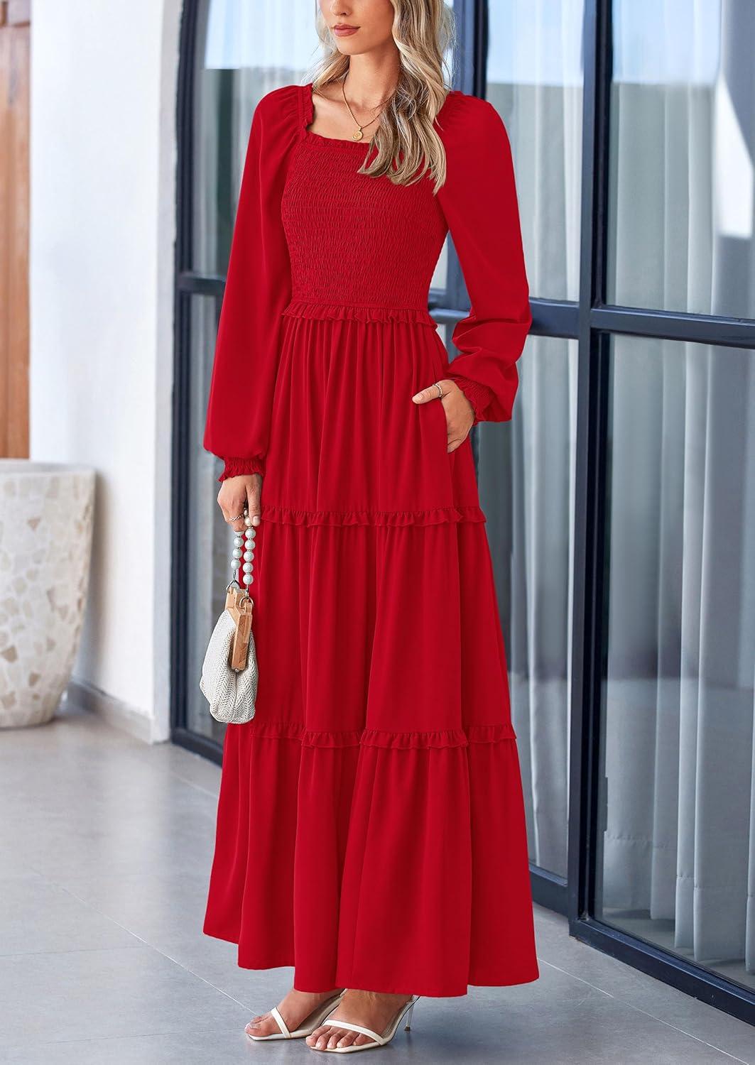imagePRETTYGARDEN Fall Wedding Guest Dresses for Women 2025 Long Sleeve Square Neck Tiered A Line Modest Elegant Flowy DressesRed