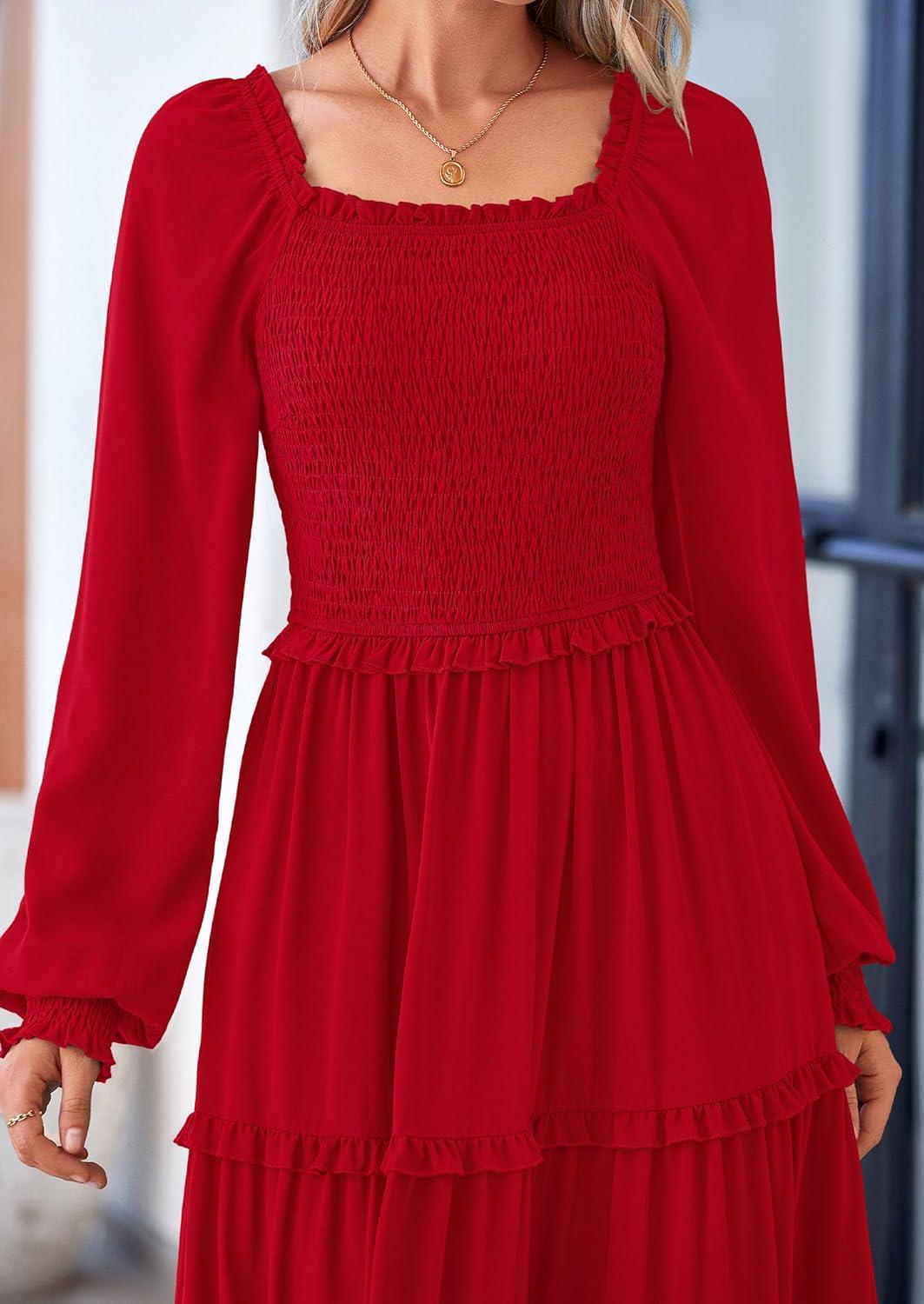 imagePRETTYGARDEN Fall Wedding Guest Dresses for Women 2025 Long Sleeve Square Neck Tiered A Line Modest Elegant Flowy DressesRed