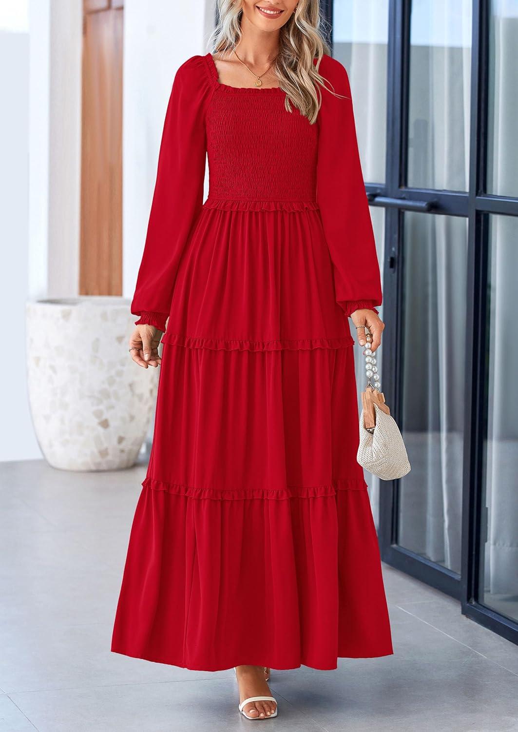 imagePRETTYGARDEN Fall Wedding Guest Dresses for Women 2025 Long Sleeve Square Neck Tiered A Line Modest Elegant Flowy DressesRed