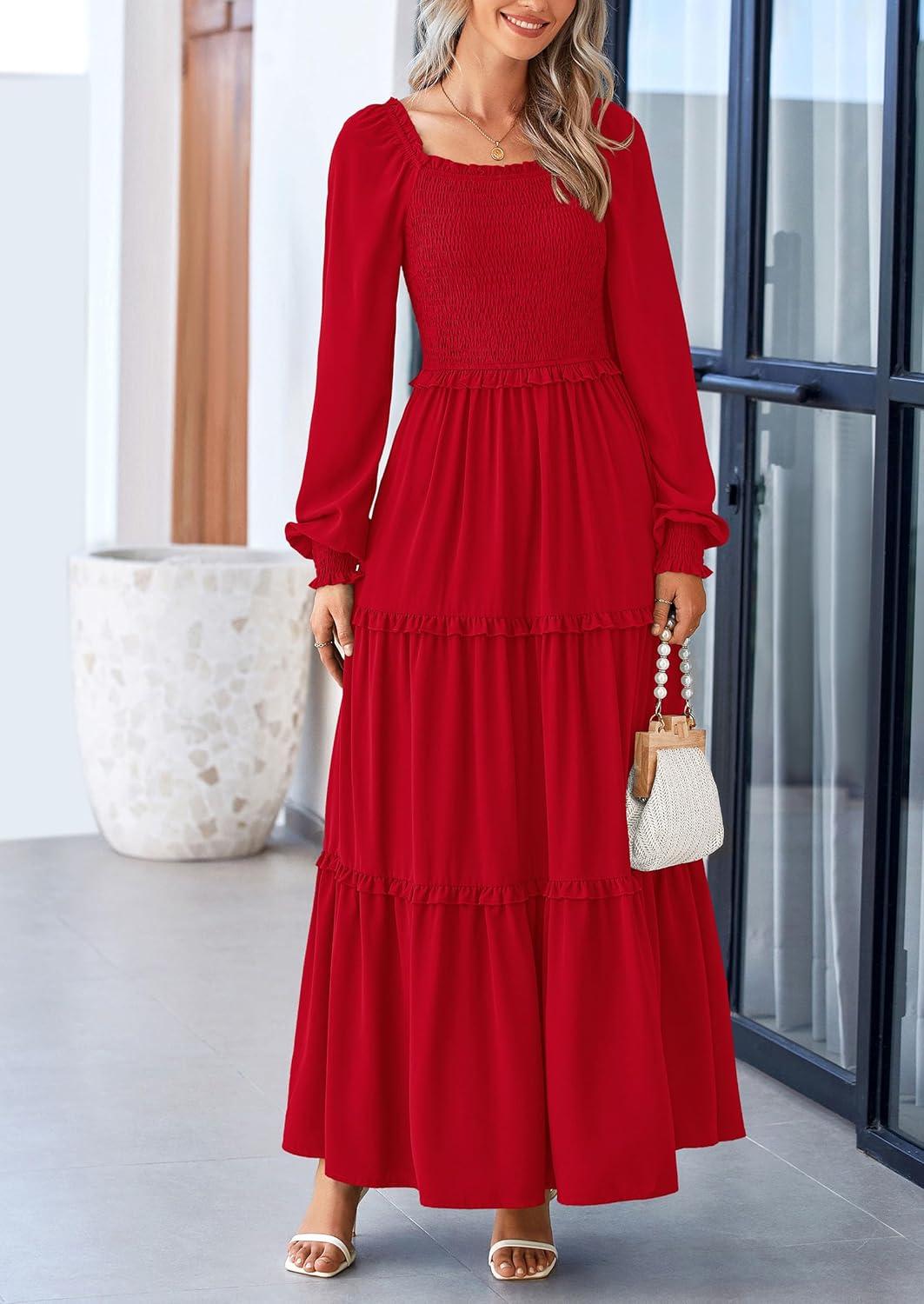 imagePRETTYGARDEN Fall Wedding Guest Dresses for Women 2025 Long Sleeve Square Neck Tiered A Line Modest Elegant Flowy DressesRed