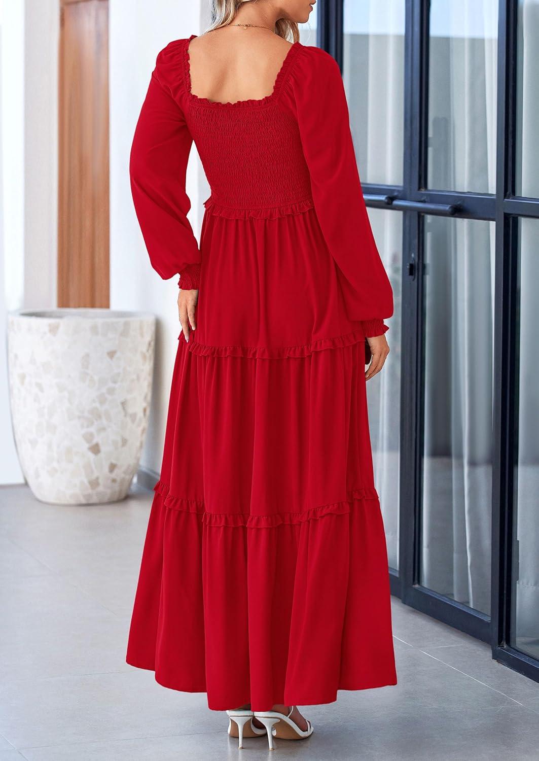 imagePRETTYGARDEN Fall Wedding Guest Dresses for Women 2025 Long Sleeve Square Neck Tiered A Line Modest Elegant Flowy DressesRed
