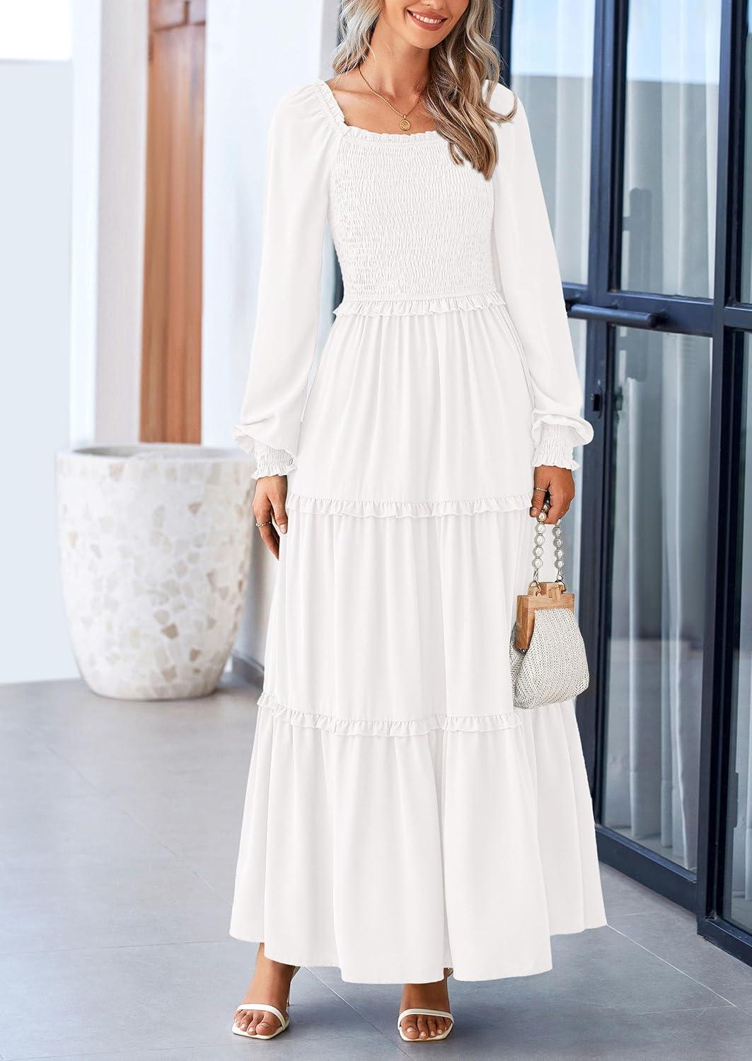 imagePRETTYGARDEN Fall Wedding Guest Dresses for Women 2025 Long Sleeve Square Neck Tiered A Line Modest Elegant Flowy DressesWhite
