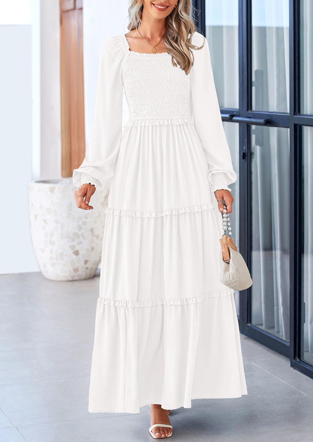 imagePRETTYGARDEN Fall Wedding Guest Dresses for Women 2025 Long Sleeve Square Neck Tiered A Line Modest Elegant Flowy DressesWhite