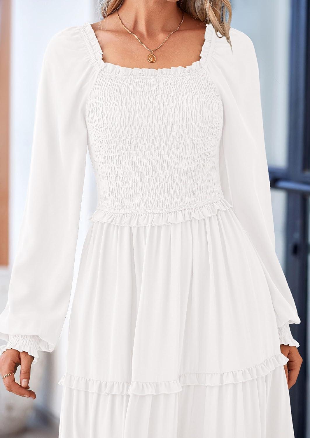 imagePRETTYGARDEN Fall Wedding Guest Dresses for Women 2025 Long Sleeve Square Neck Tiered A Line Modest Elegant Flowy DressesWhite