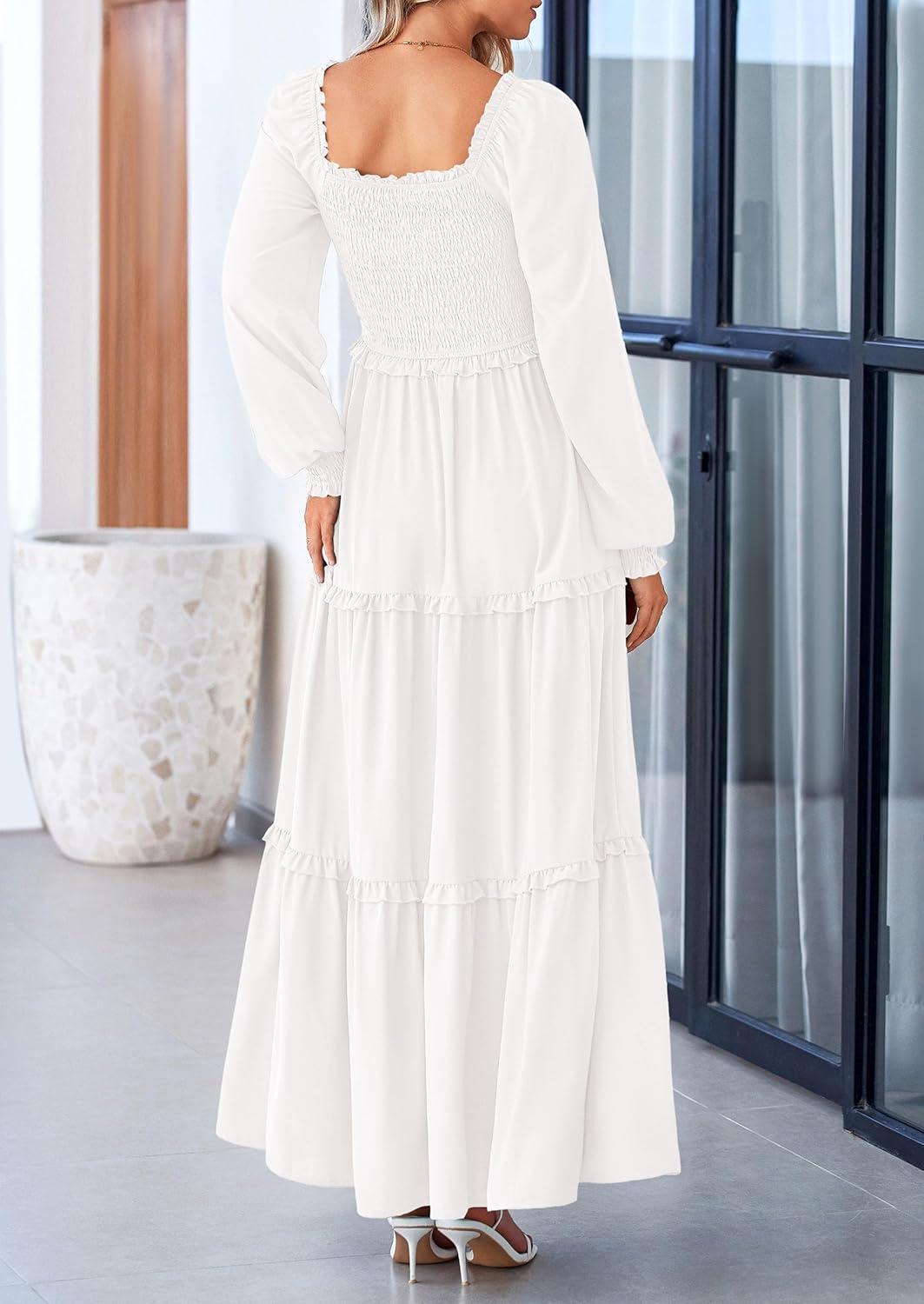 imagePRETTYGARDEN Fall Wedding Guest Dresses for Women 2025 Long Sleeve Square Neck Tiered A Line Modest Elegant Flowy DressesWhite