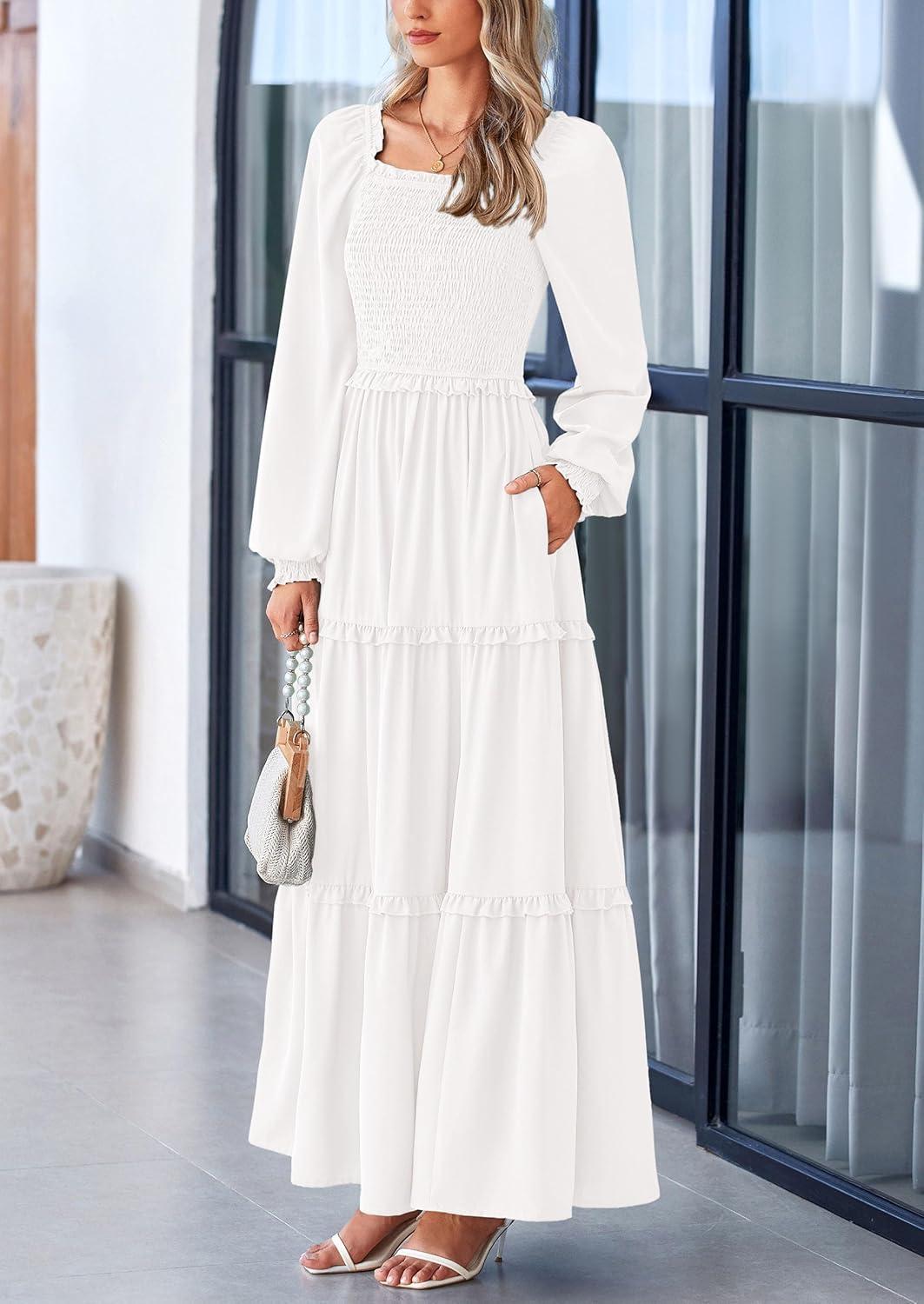 imagePRETTYGARDEN Fall Wedding Guest Dresses for Women 2025 Long Sleeve Square Neck Tiered A Line Modest Elegant Flowy DressesWhite