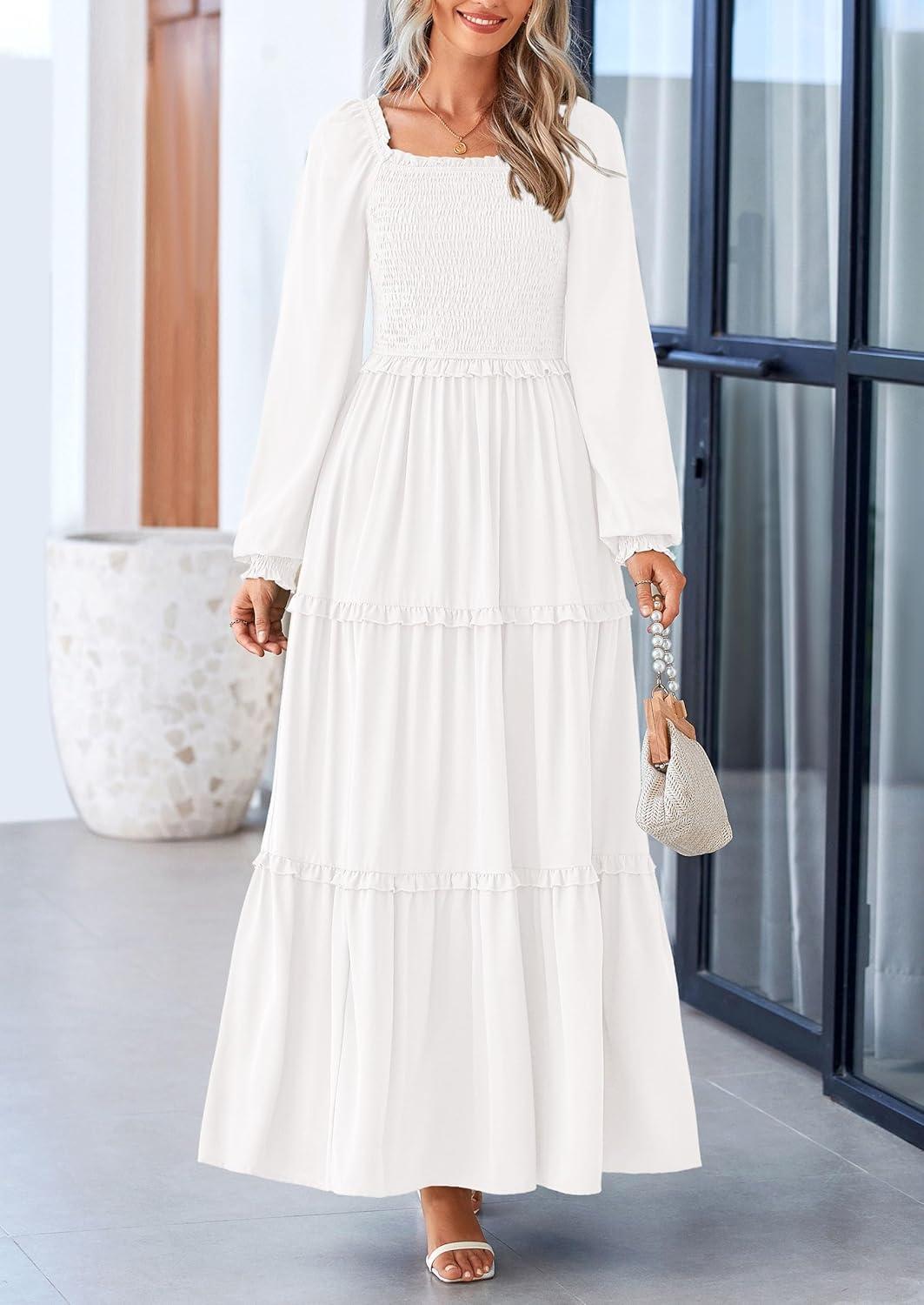imagePRETTYGARDEN Fall Wedding Guest Dresses for Women 2025 Long Sleeve Square Neck Tiered A Line Modest Elegant Flowy DressesWhite