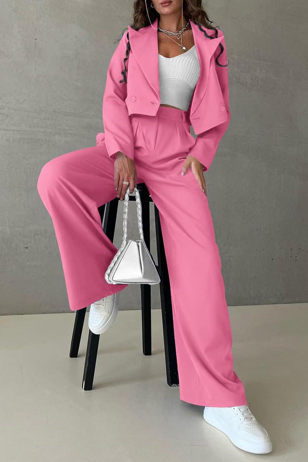 imagePRETTYGARDEN Womens 2 Piece Casual Outfits Cropped Blazer Jackets High Waisted Wide Leg Work Pants Suit Set