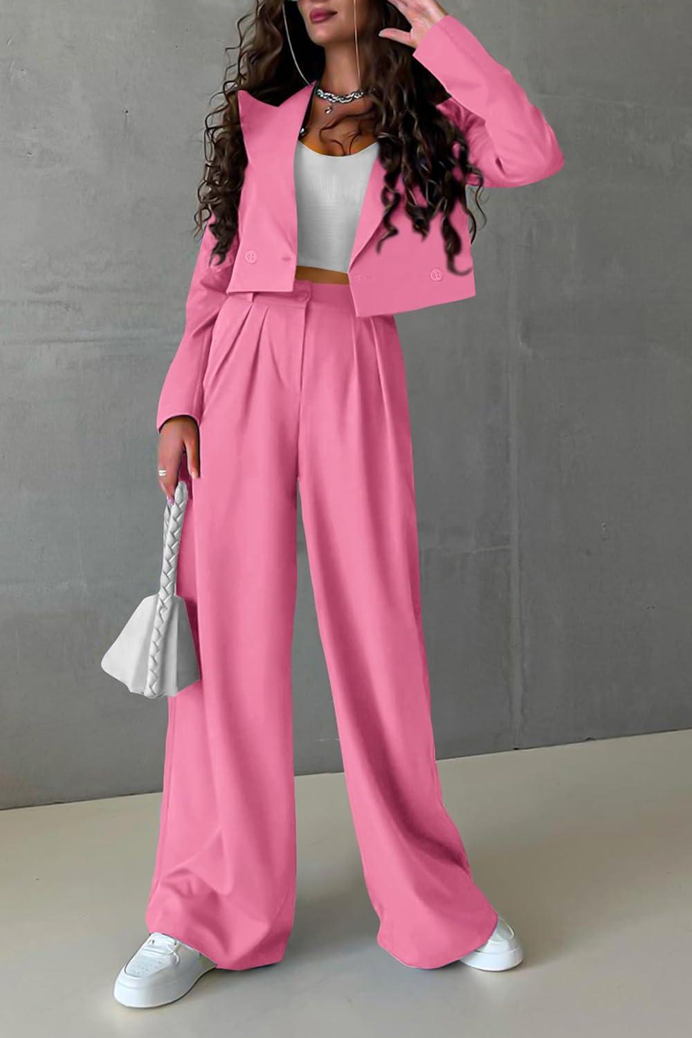 imagePRETTYGARDEN Womens 2 Piece Casual Outfits Cropped Blazer Jackets High Waisted Wide Leg Work Pants Suit Set