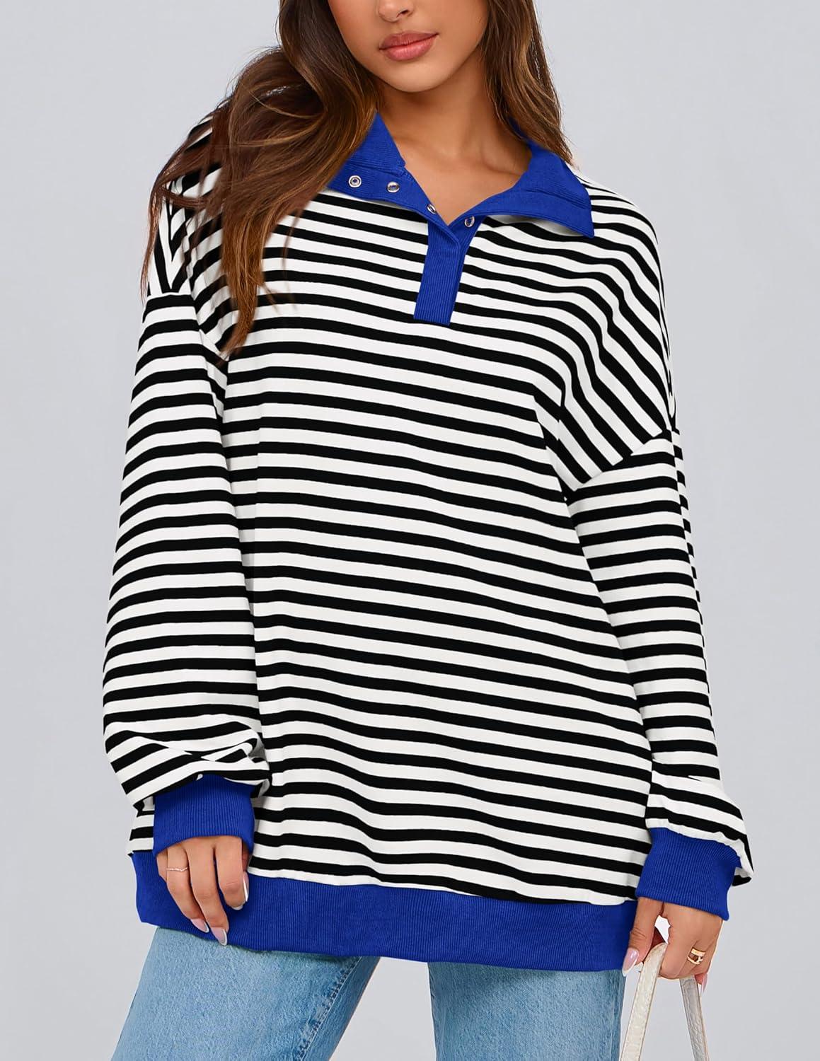imagePRETTYGARDEN Womens Oversized Striped Sweatshirts Spring Fall Trendy Casual Long Sleeve Button Up Tops Shirt Preppy ClothesStriped Black White