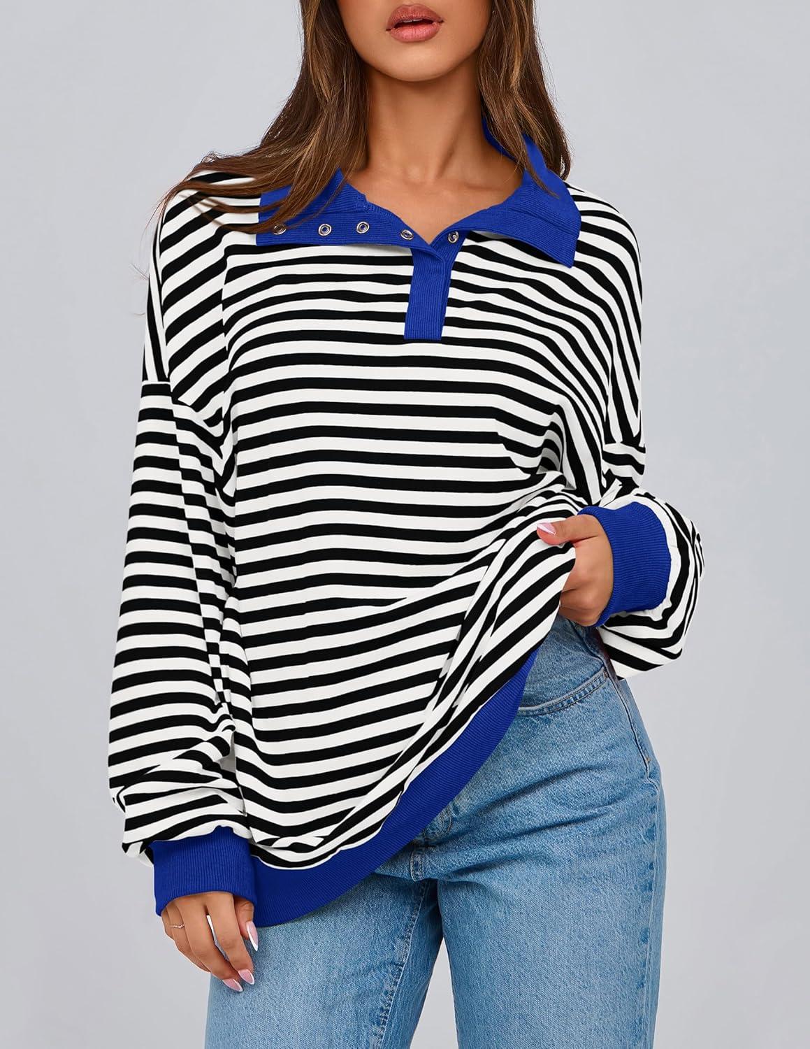 imagePRETTYGARDEN Womens Oversized Striped Sweatshirts Spring Fall Trendy Casual Long Sleeve Button Up Tops Shirt Preppy ClothesStriped Black White