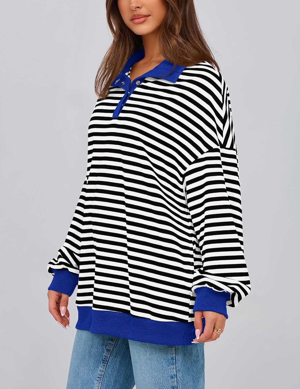 imagePRETTYGARDEN Womens Oversized Striped Sweatshirts Spring Fall Trendy Casual Long Sleeve Button Up Tops Shirt Preppy ClothesStriped Black White