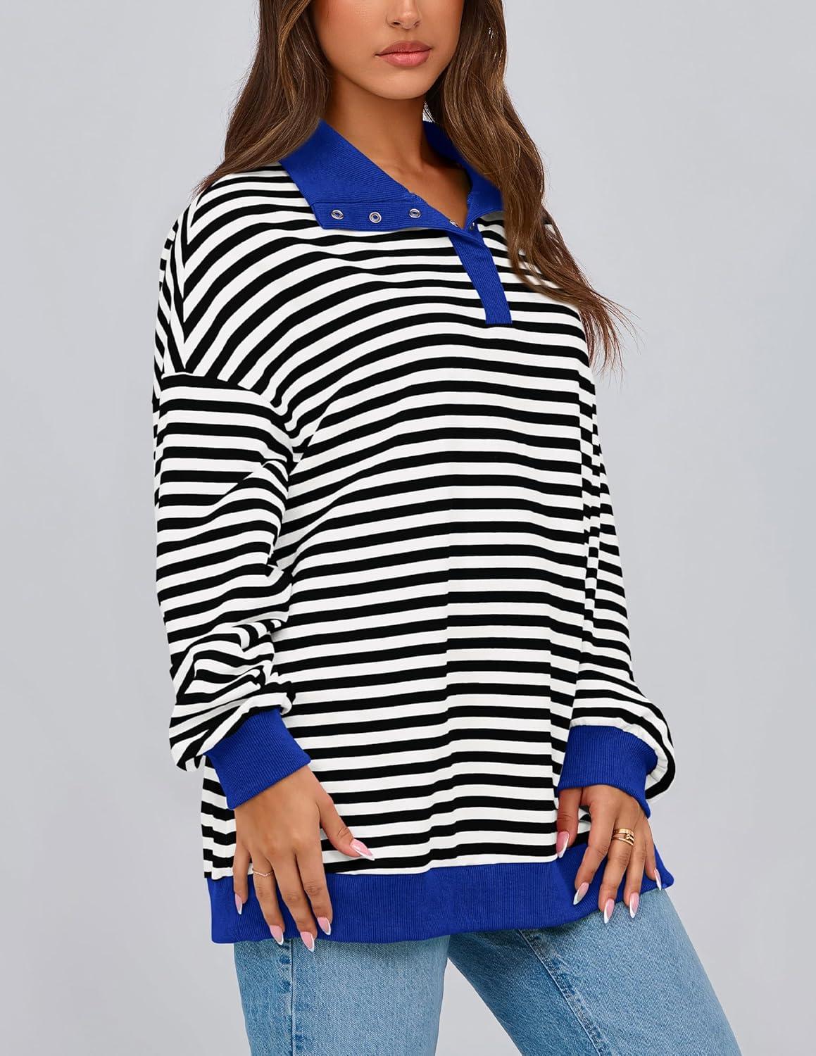 imagePRETTYGARDEN Womens Oversized Striped Sweatshirts Spring Fall Trendy Casual Long Sleeve Button Up Tops Shirt Preppy ClothesStriped Black White