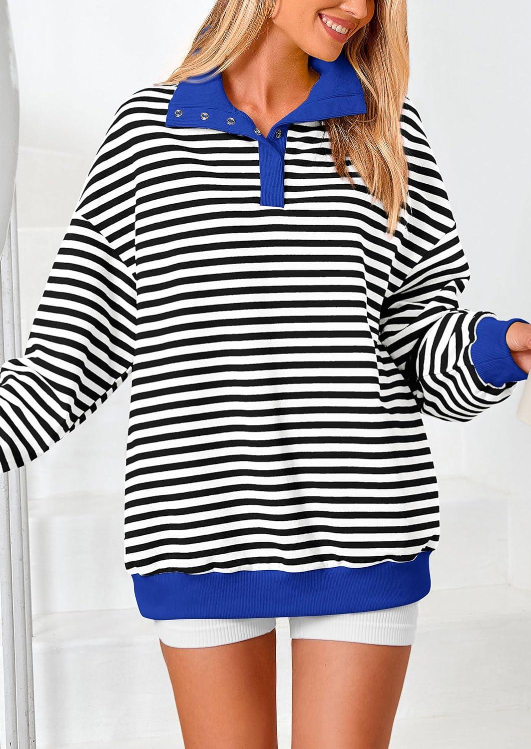 imagePRETTYGARDEN Womens Oversized Striped Sweatshirts Spring Fall Trendy Casual Long Sleeve Button Up Tops Shirt Preppy ClothesStriped Black White