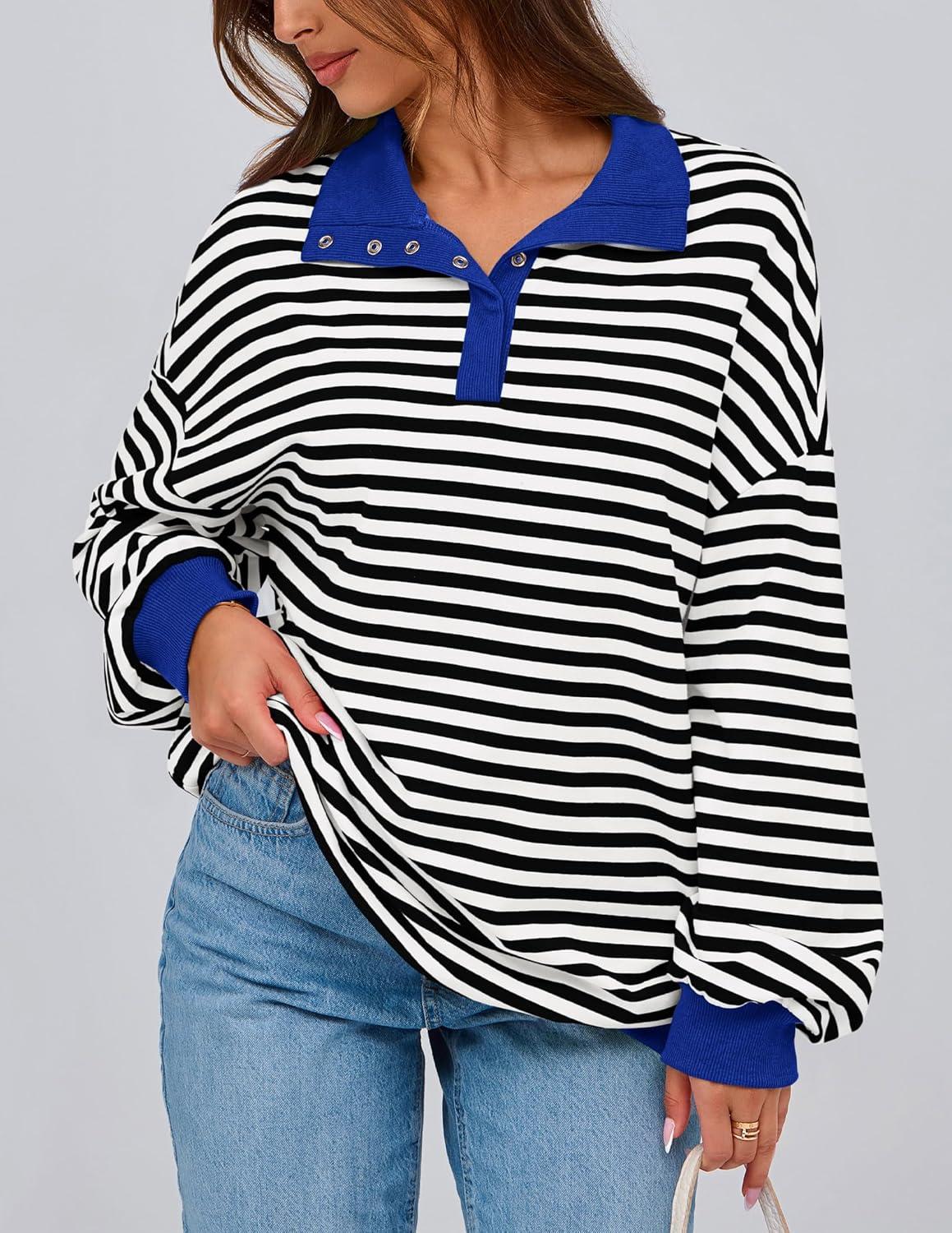 imagePRETTYGARDEN Womens Oversized Striped Sweatshirts Spring Fall Trendy Casual Long Sleeve Button Up Tops Shirt Preppy ClothesStriped Black White