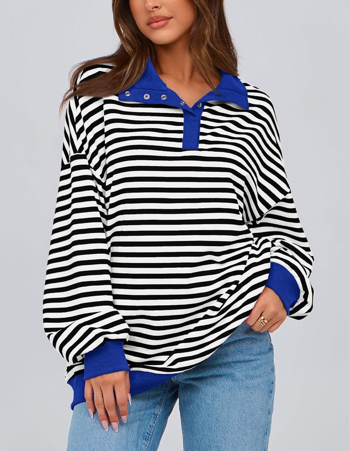 imagePRETTYGARDEN Womens Oversized Striped Sweatshirts Spring Fall Trendy Casual Long Sleeve Button Up Tops Shirt Preppy ClothesStriped Black White