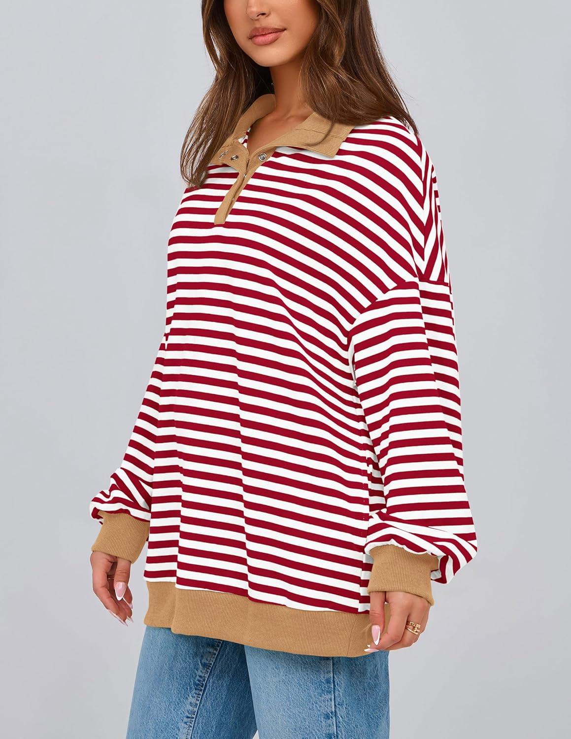imagePRETTYGARDEN Womens Oversized Striped Sweatshirts Spring Fall Trendy Casual Long Sleeve Button Up Tops Shirt Preppy ClothesStriped Red White