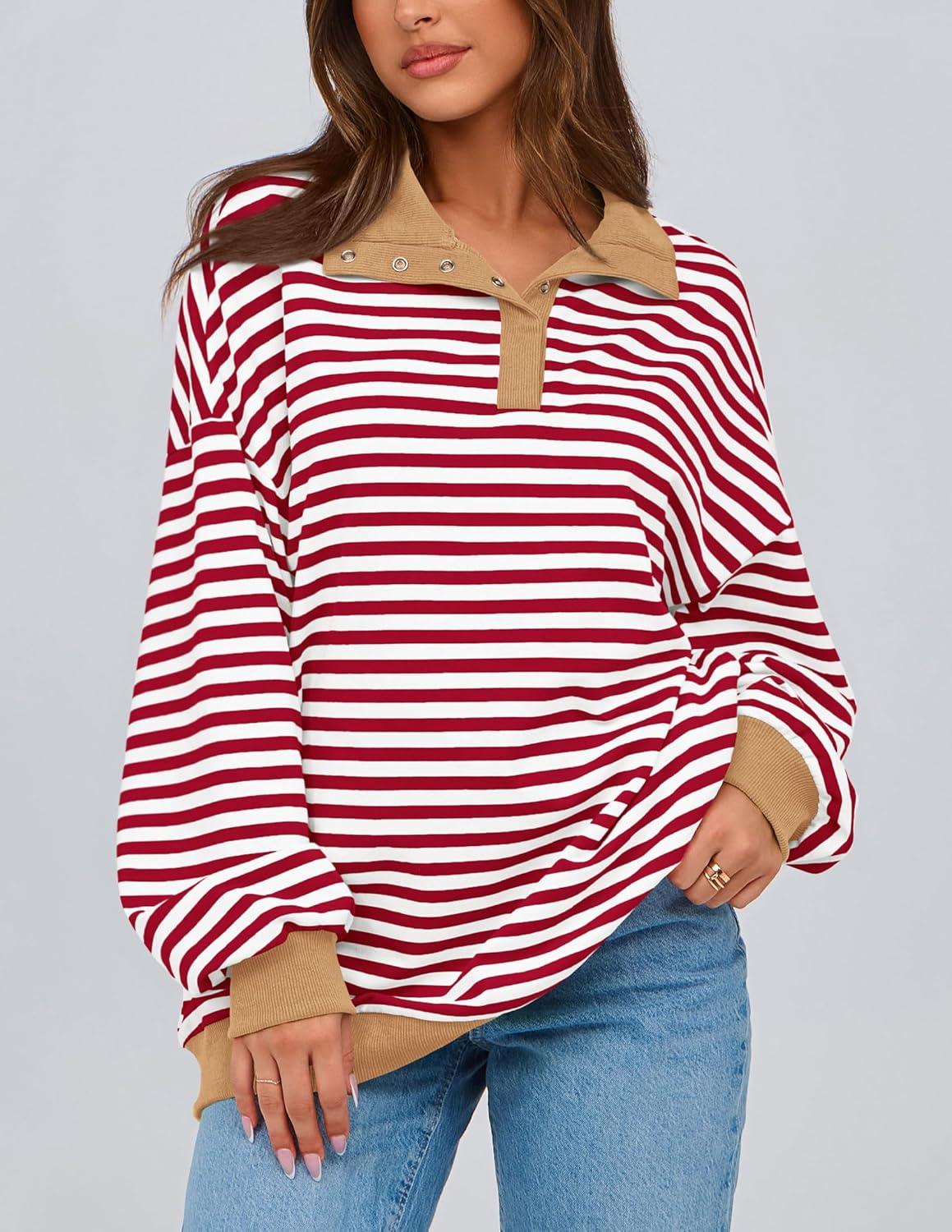 imagePRETTYGARDEN Womens Oversized Striped Sweatshirts Spring Fall Trendy Casual Long Sleeve Button Up Tops Shirt Preppy ClothesStriped Red White