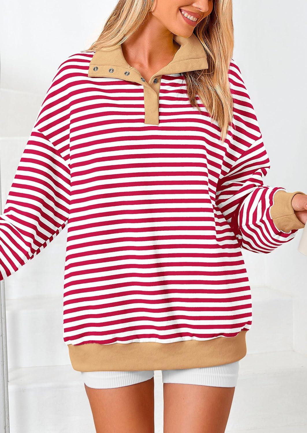 imagePRETTYGARDEN Womens Oversized Striped Sweatshirts Spring Fall Trendy Casual Long Sleeve Button Up Tops Shirt Preppy ClothesStriped Red White