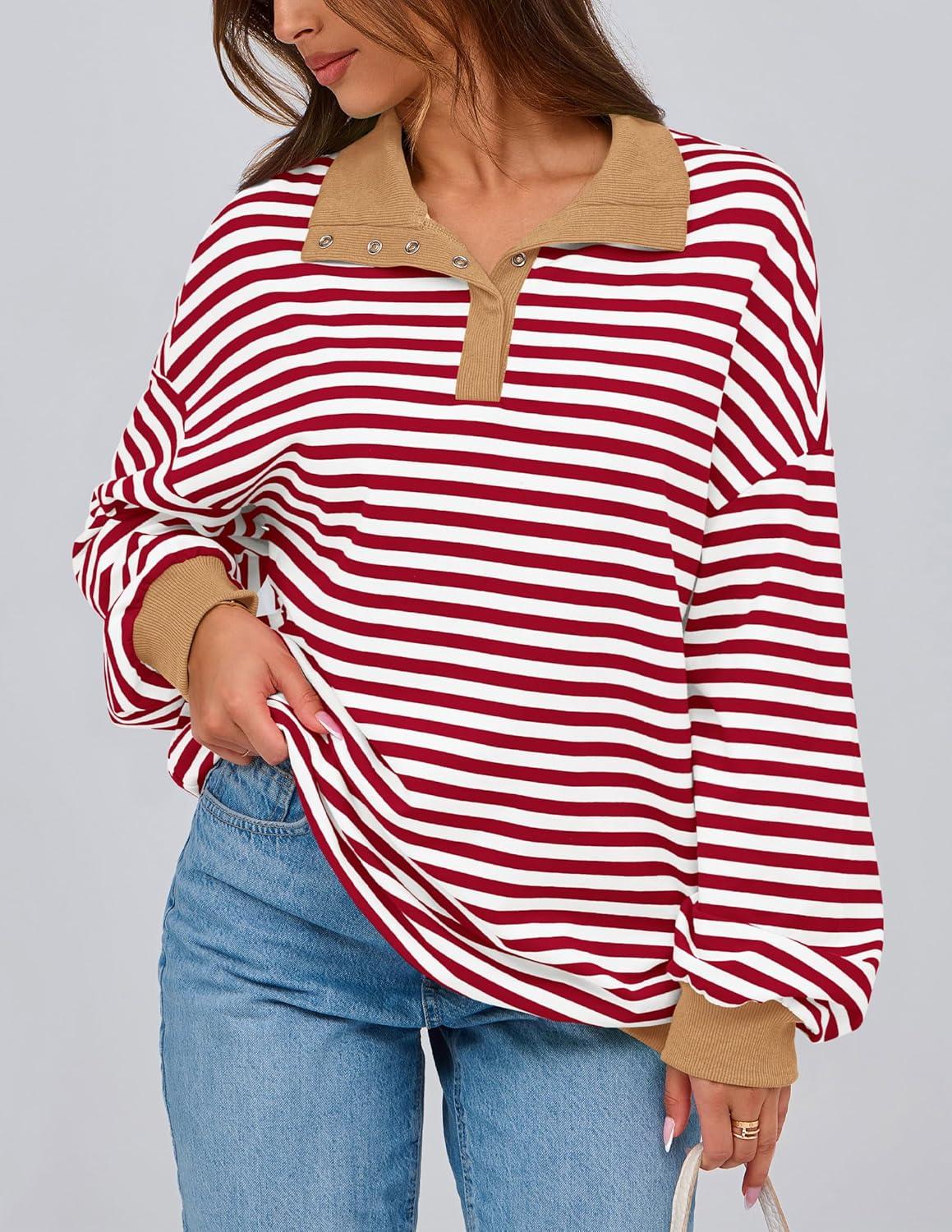 imagePRETTYGARDEN Womens Oversized Striped Sweatshirts Spring Fall Trendy Casual Long Sleeve Button Up Tops Shirt Preppy ClothesStriped Red White