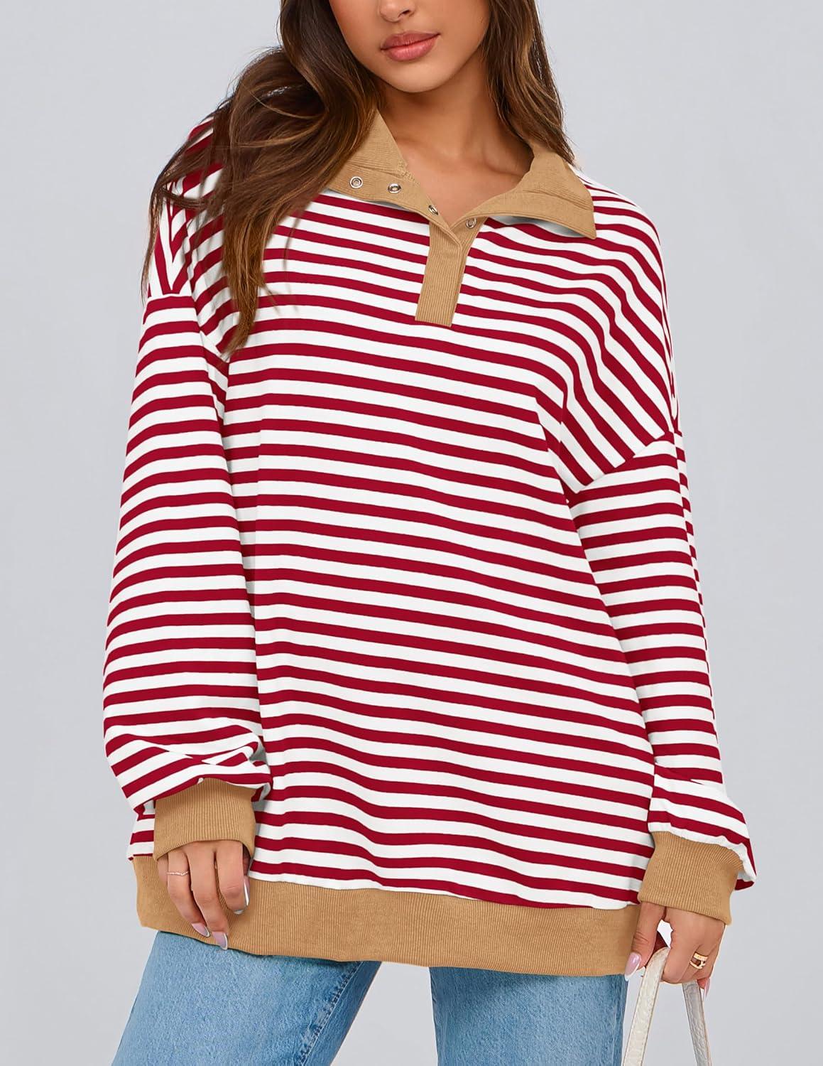 imagePRETTYGARDEN Womens Oversized Striped Sweatshirts Spring Fall Trendy Casual Long Sleeve Button Up Tops Shirt Preppy ClothesStriped Red White
